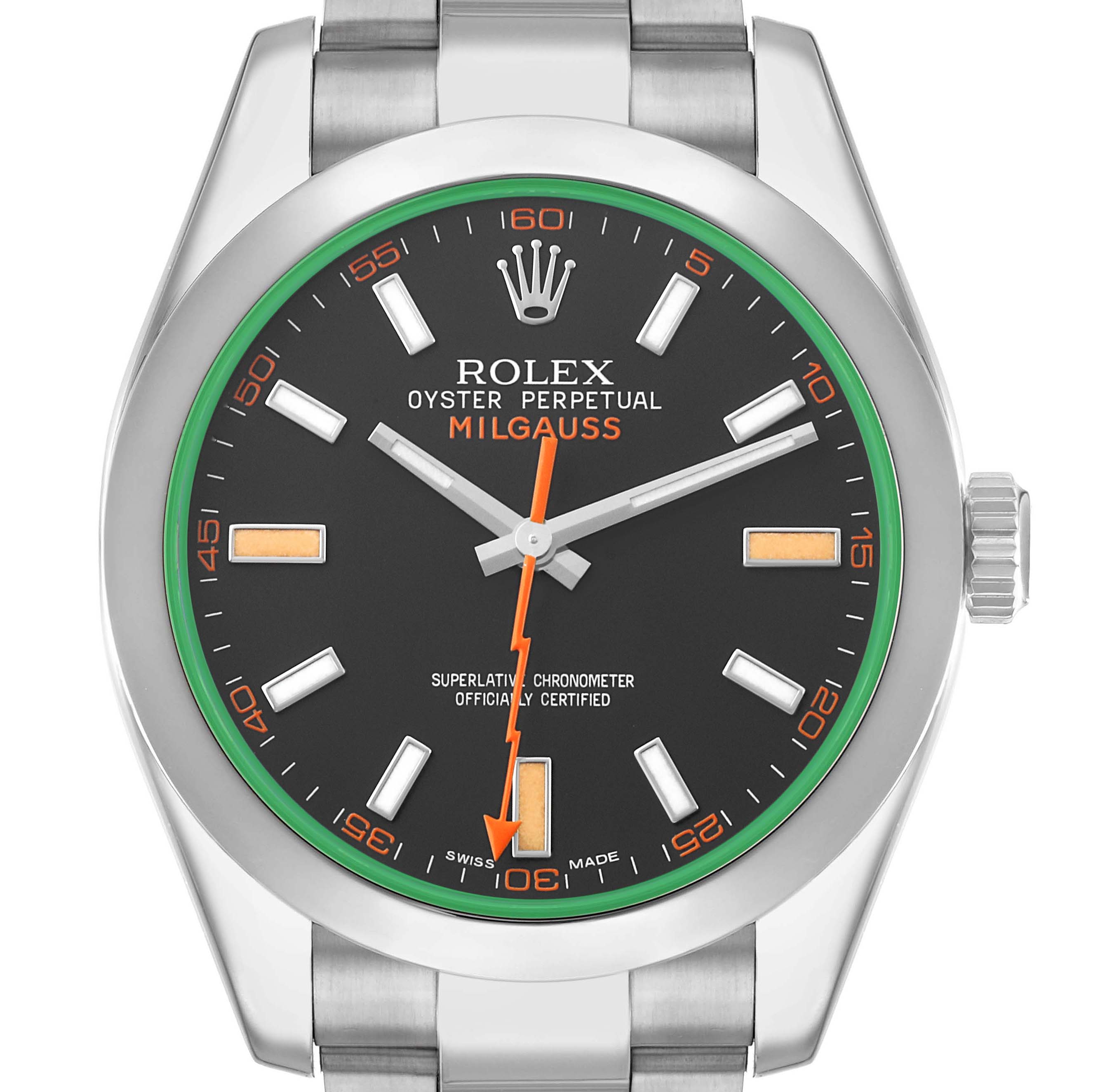 The Rolex Milgauss 116400GV Men's Stainless Steel Black Dial watch is shown front-facing, displaying its dial, bezel, and part of the bracelet.