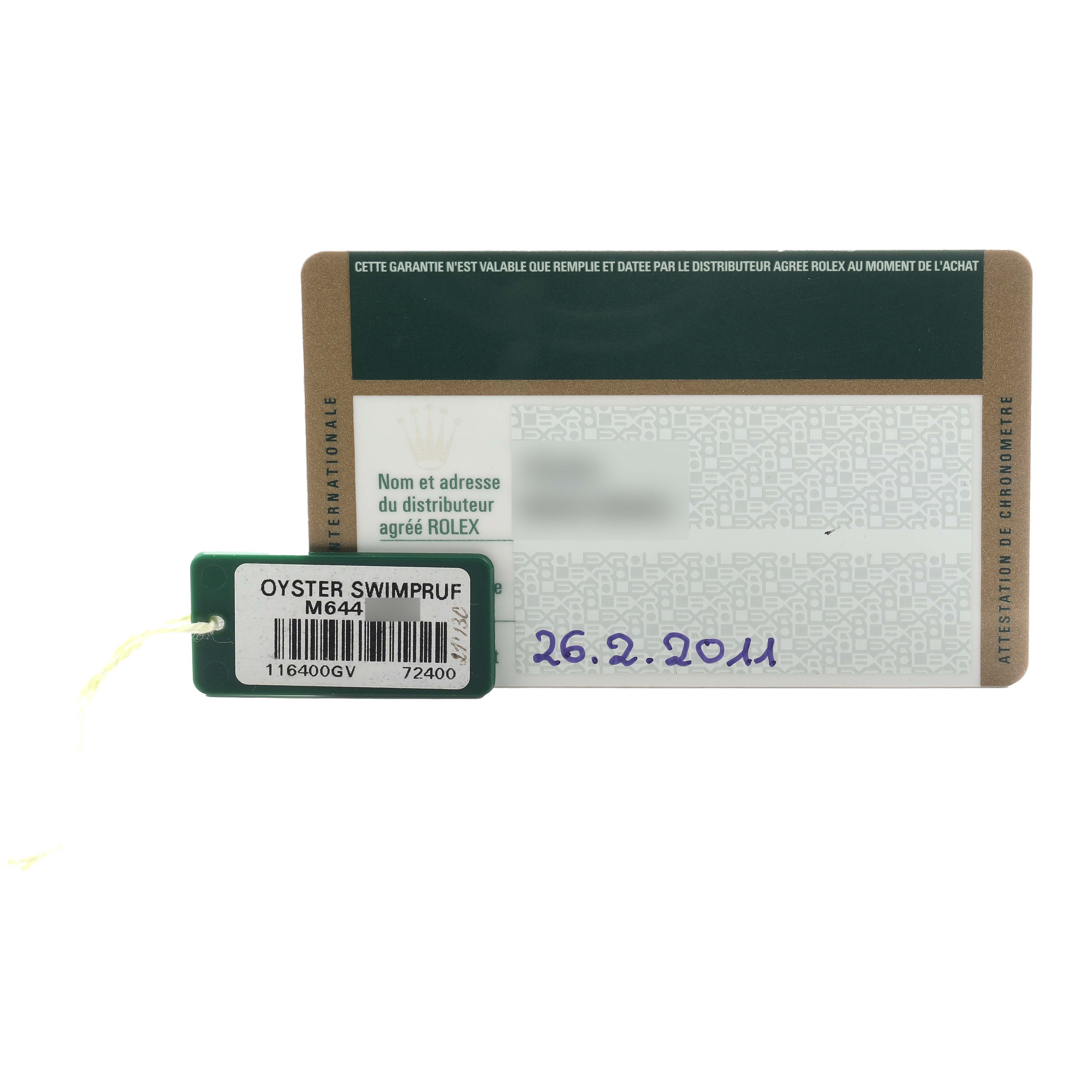 The image shows a warranty card and tag for a Rolex Milgauss 116400GV Men's Stainless Steel Black Dial watch, displaying model numbers and a purchase date.