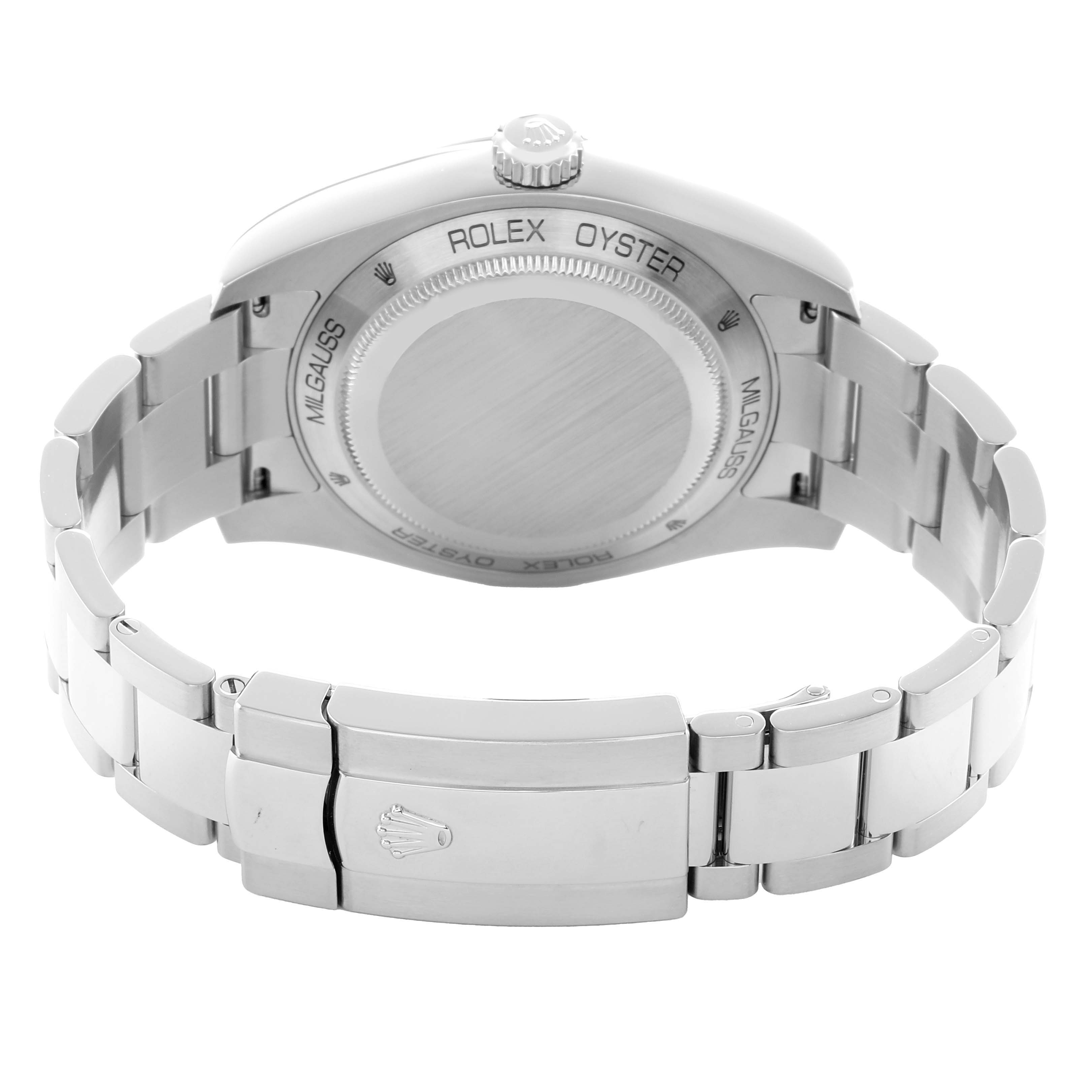 The image shows the back, clasp, and bracelet of a Rolex Milgauss 116400GV Men's Stainless Steel Black Dial watch from a rear angle.