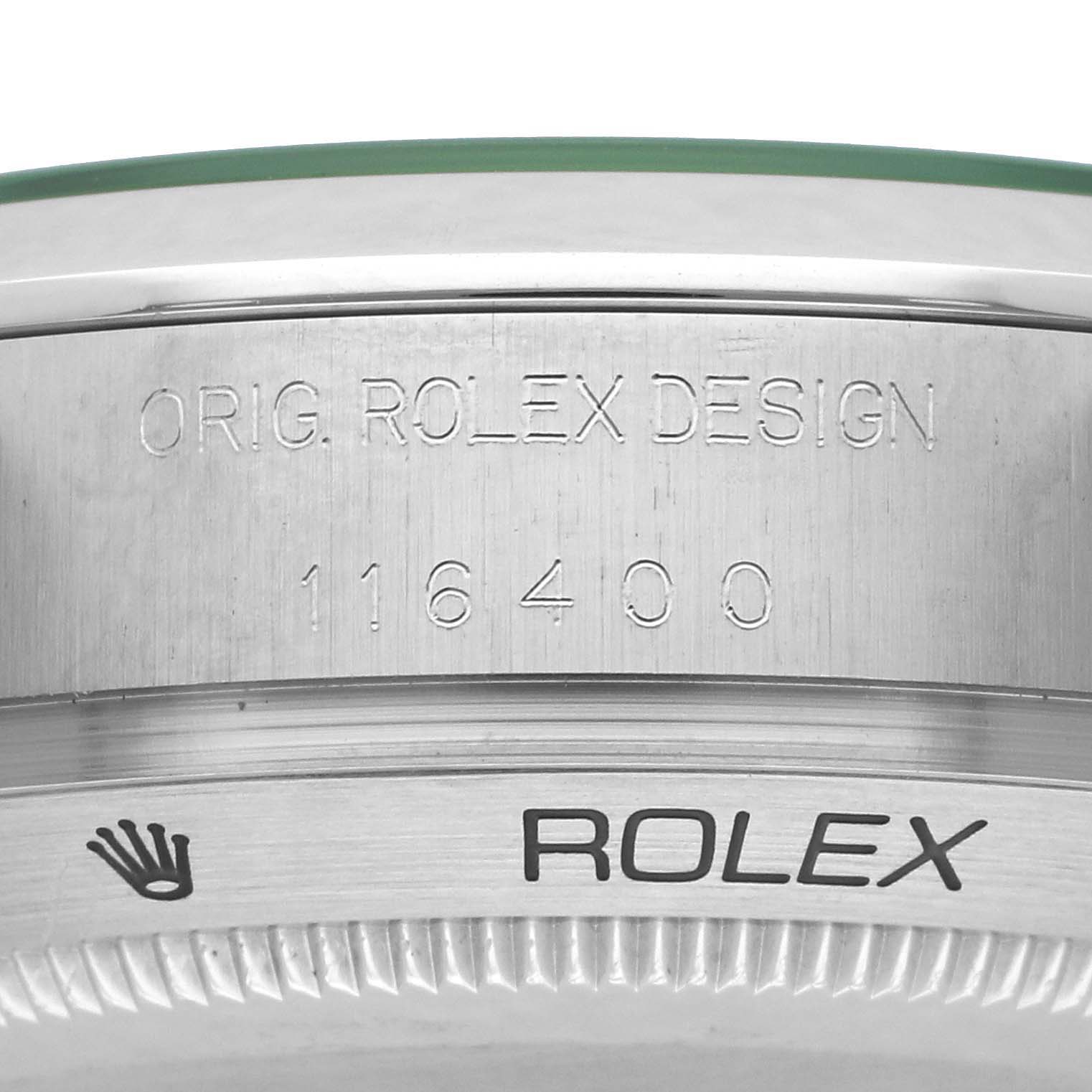 The image shows the side profile of a Rolex Milgauss 116400GV Men's Stainless Steel Black Dial watch case, highlighting the engraved model number and branding.