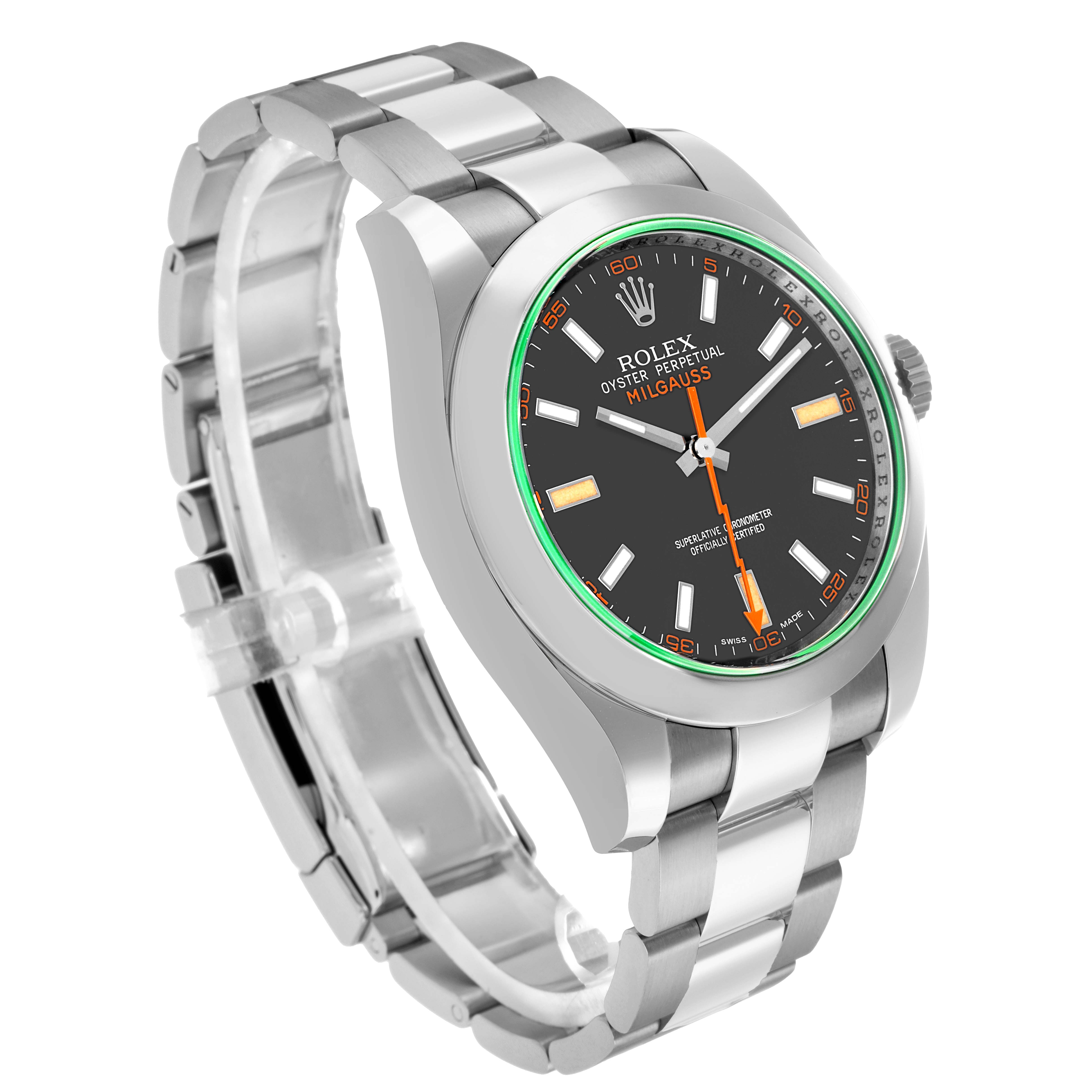 The Rolex Milgauss 116400GV Men's Stainless Steel Black Dial watch is shown at a slight angle, displaying the dial, bezel, crown, and stainless steel bracelet.