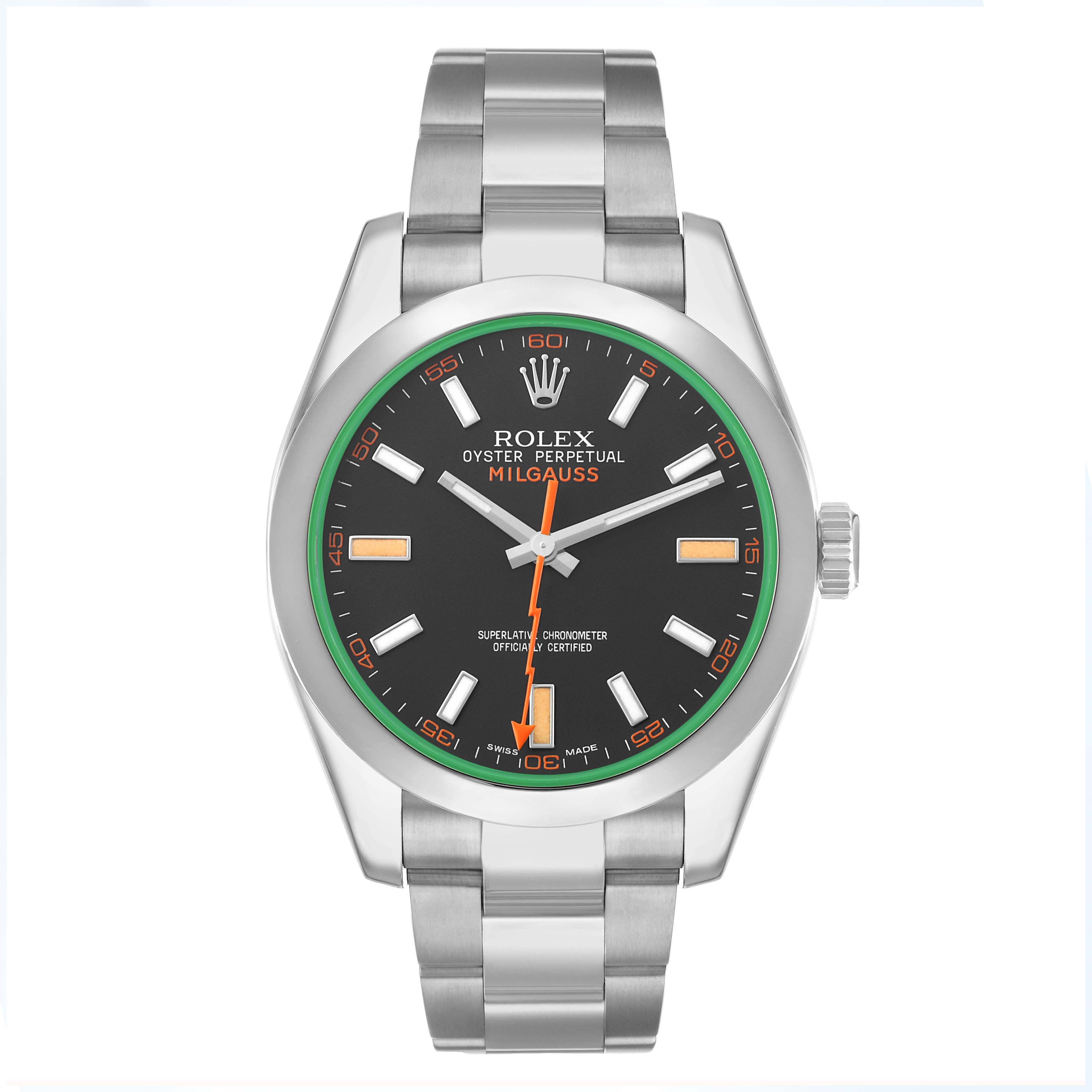 The Rolex Milgauss 116400GV Men's Stainless Steel Black Dial watch is shown from the front, displaying its face, bezel, bracelet, and crown.