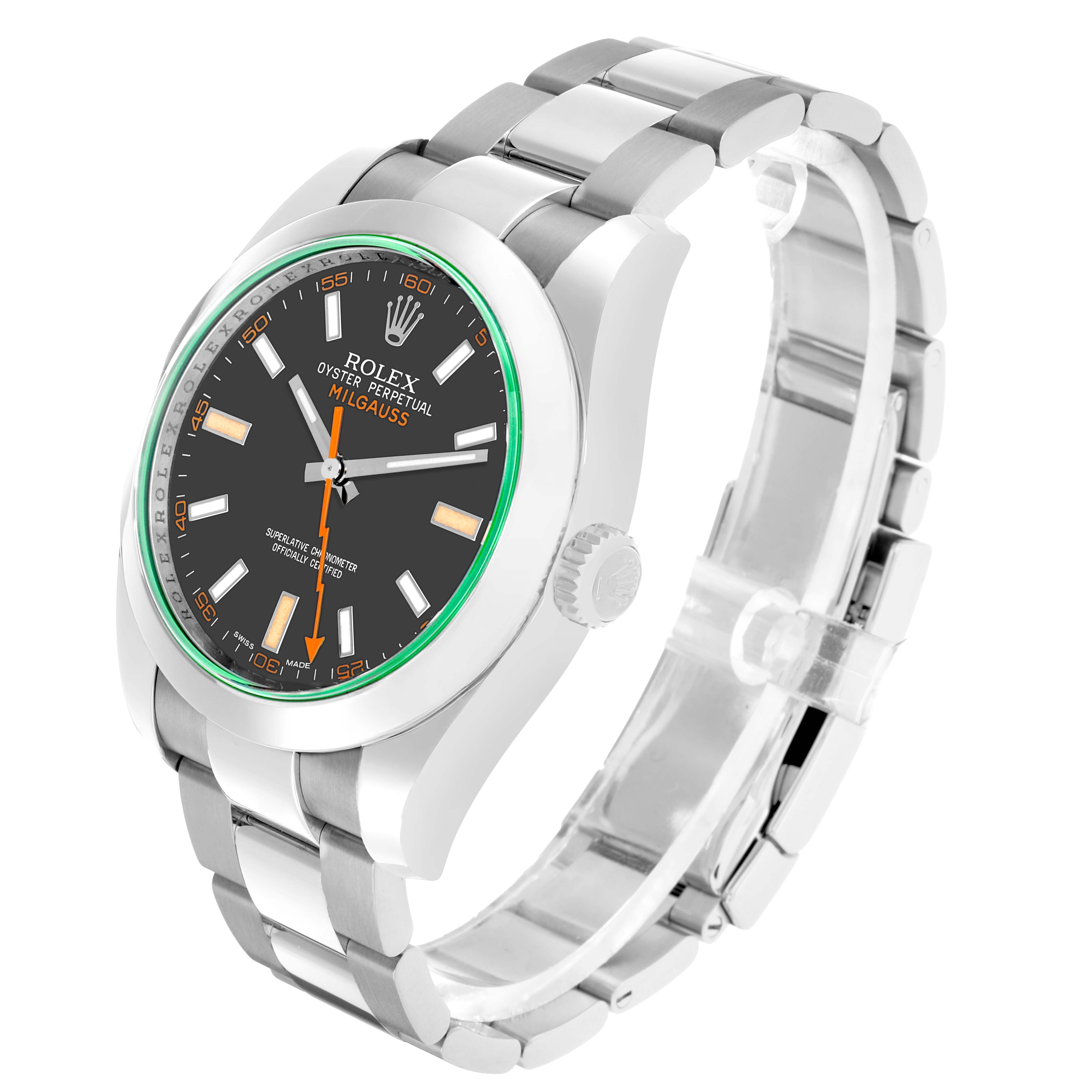 The Rolex Milgauss 116400GV Men's Stainless Steel Black Dial watch is shown at a three-quarter angle, displaying the dial, bezel, case, and bracelet.