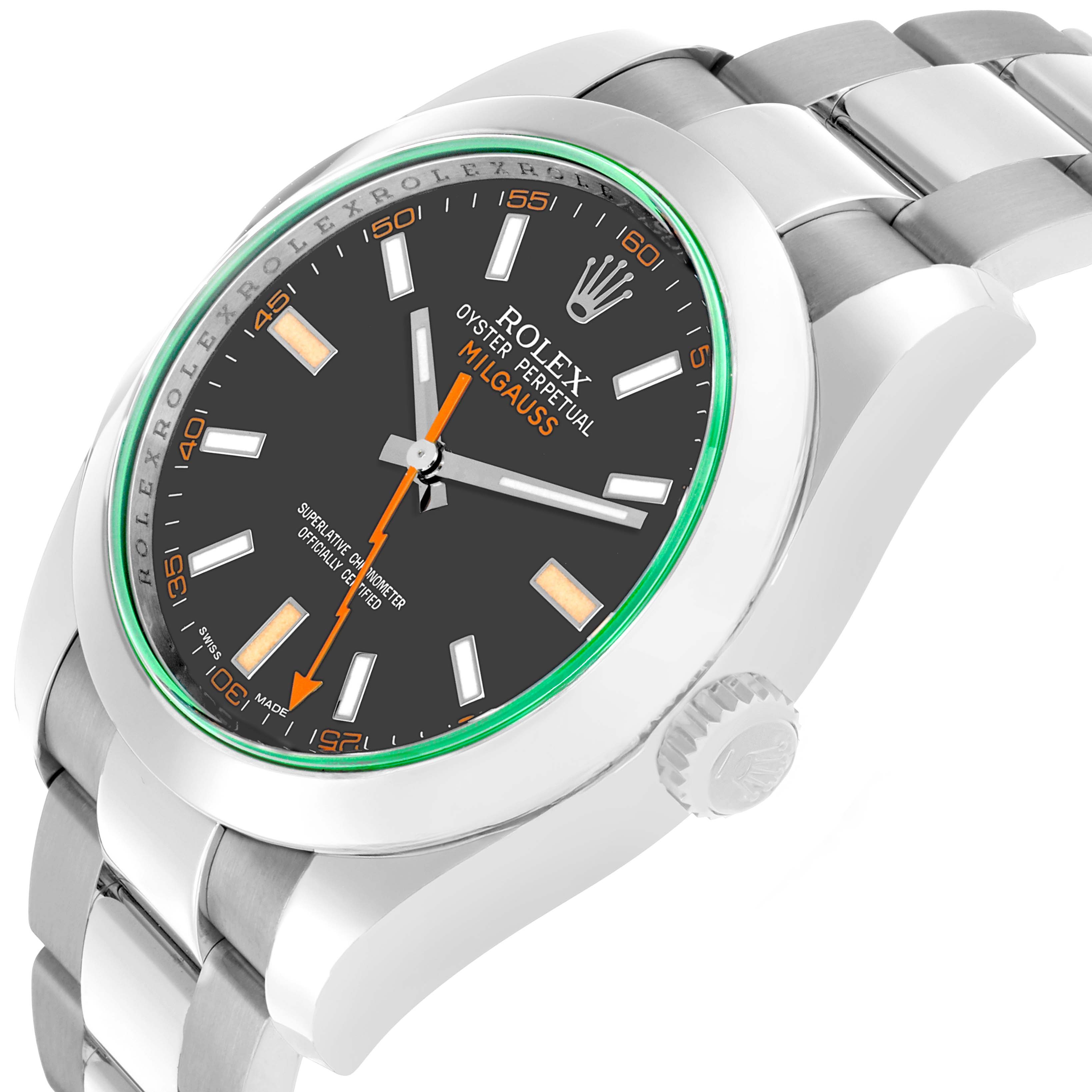 The Rolex Milgauss 116400GV Men's Stainless Steel Black Dial watch is shown at a tilted side angle, highlighting the face, bezel, crown, and part of the bracelet.