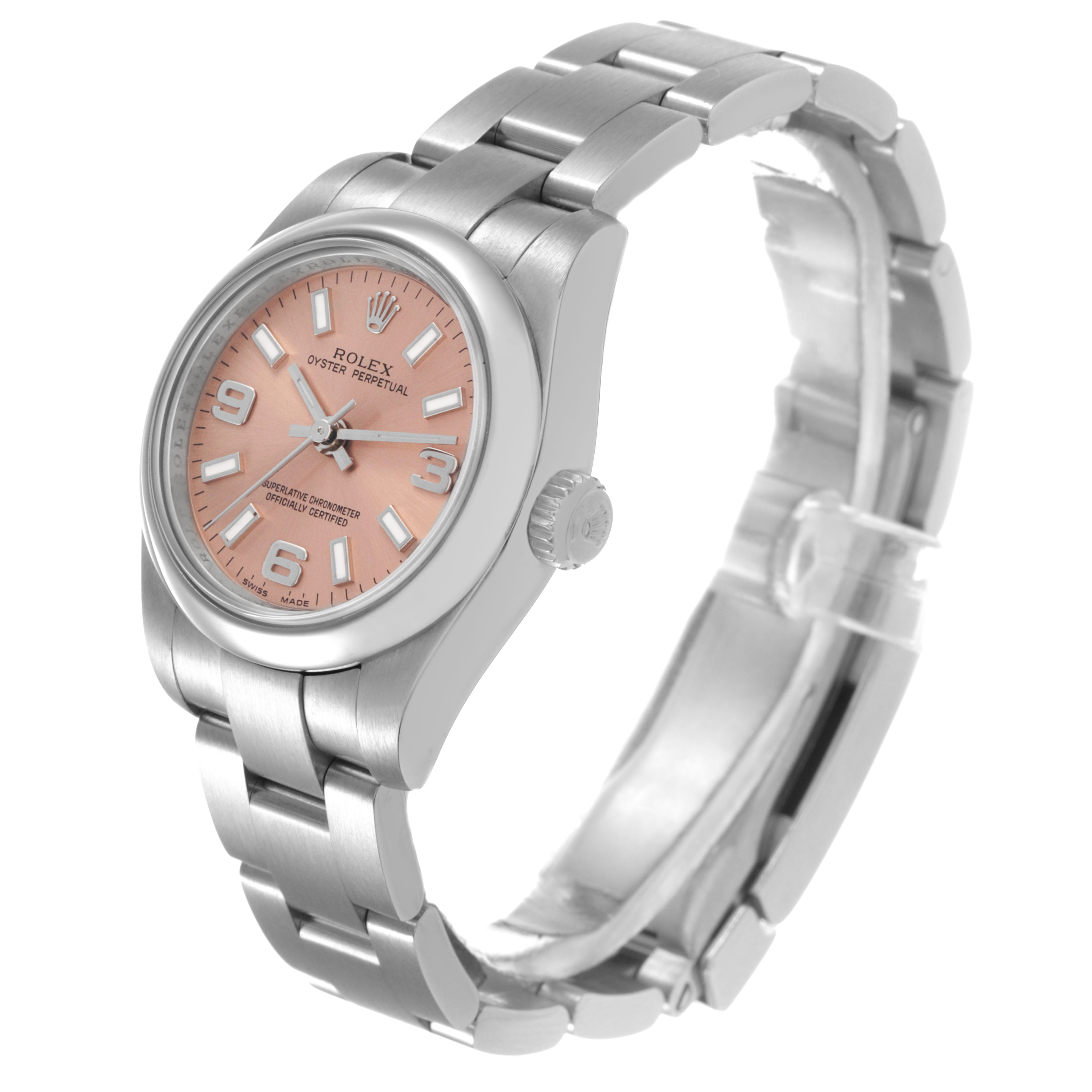 The Rolex Oyster Perpetual 176200 Women's Stainless Steel Pink Dial is shown at an angle highlighting the face, crown, and bracelet.