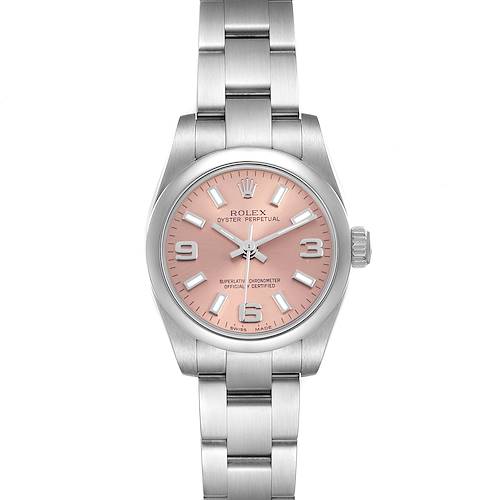 The Rolex Oyster Perpetual 176200 Women's Stainless Steel Pink Dial watch is shown from a top-down angle, highlighting the dial, case, bezel, bracelet, and crown.