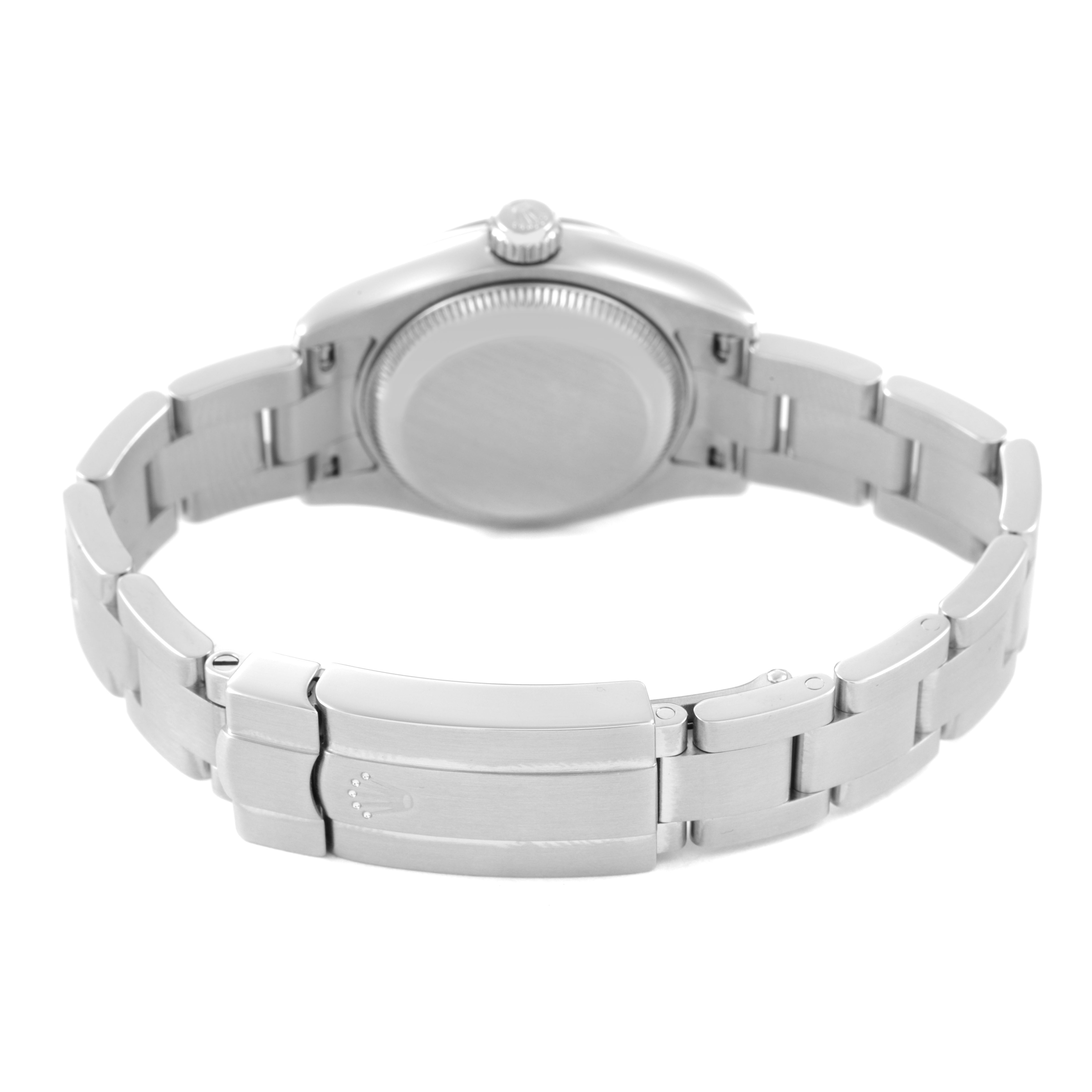 The image shows the back view of a Rolex Oyster Perpetual 176200 Women's Stainless Steel Pink Dial watch, highlighting the case back and metal bracelet with the clasp.