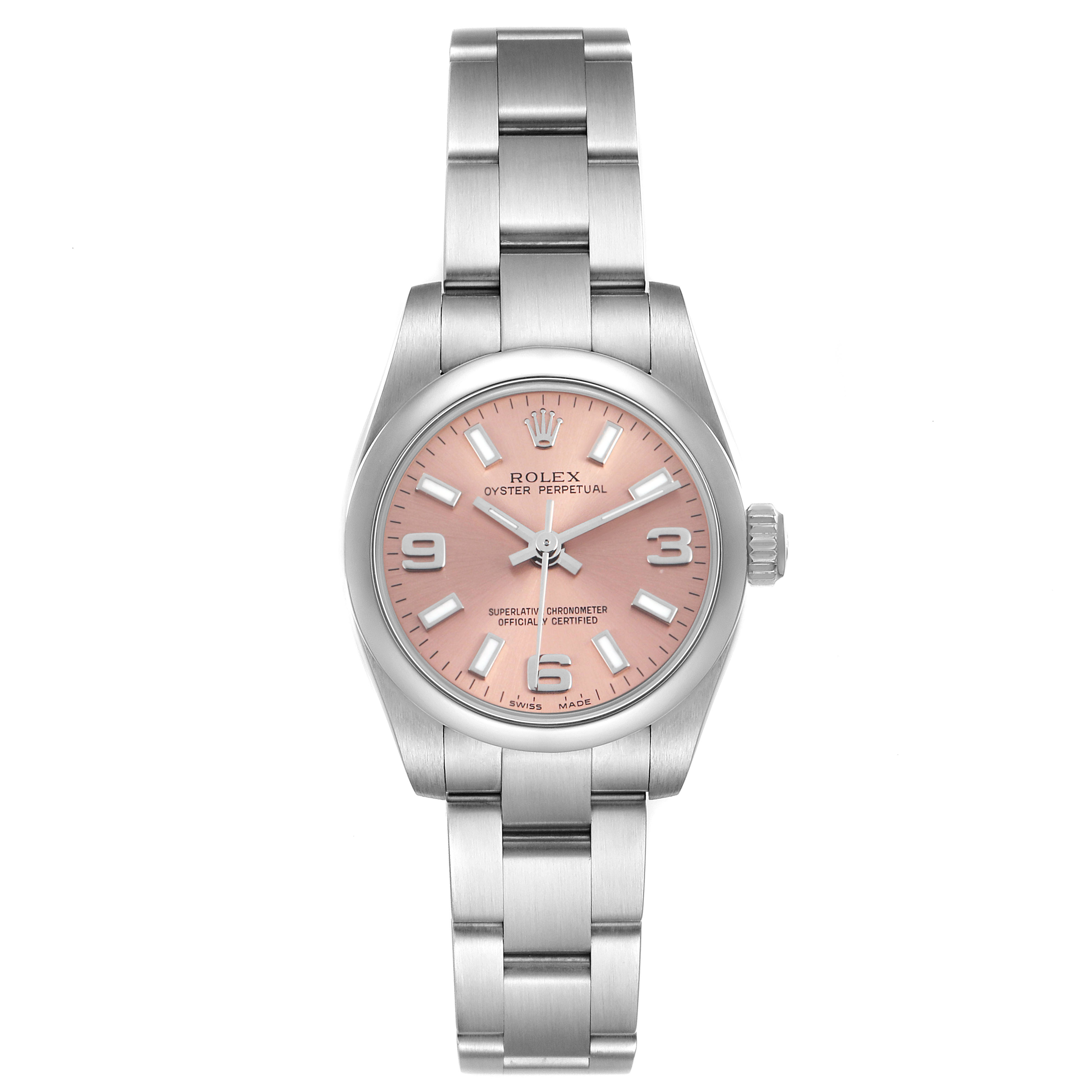 The Rolex Oyster Perpetual 176200 Women's Stainless Steel Pink Dial watch is shown from a front angle, highlighting its pink dial, hands, markers, and stainless steel bracelet.