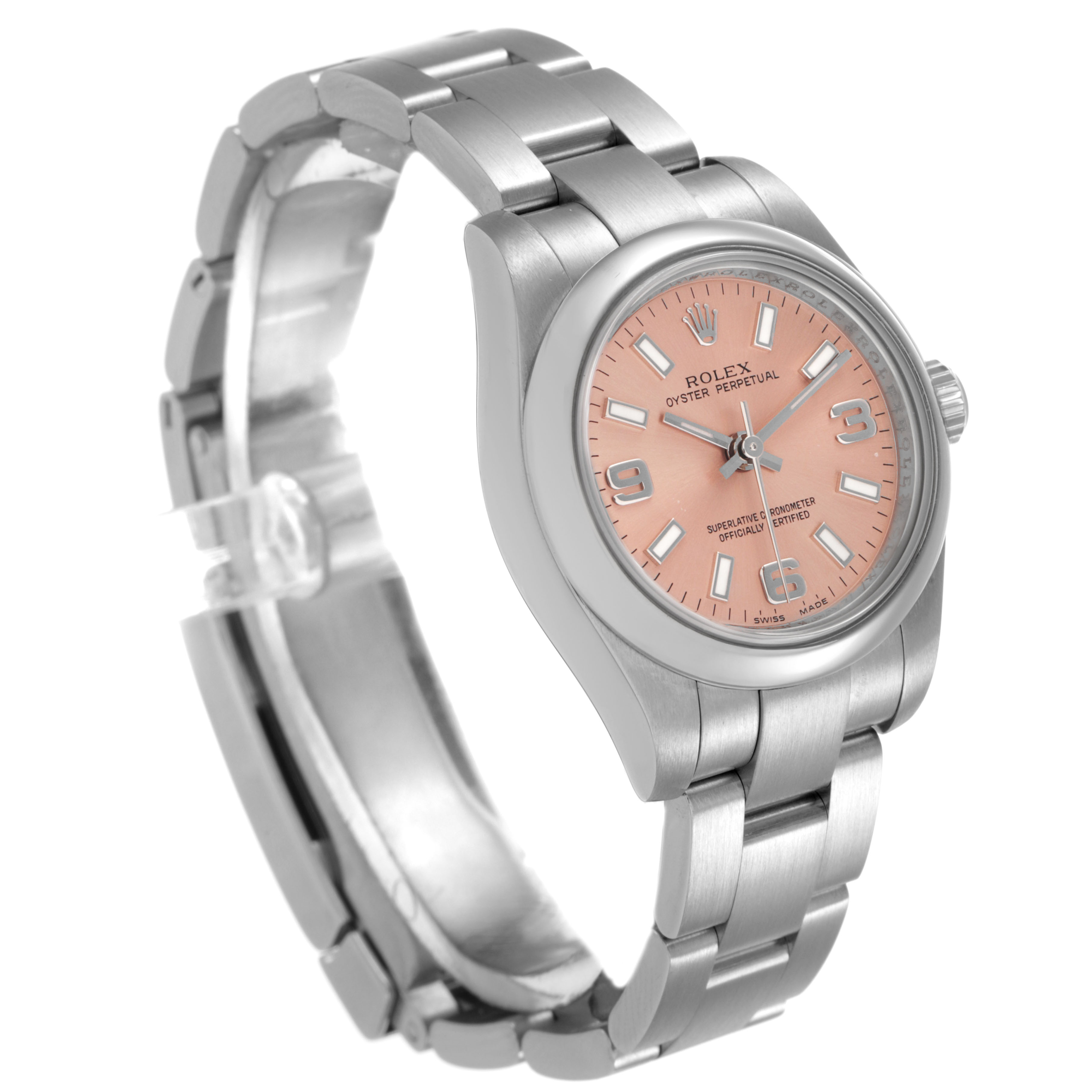 The Rolex Oyster Perpetual 176200 Women's Stainless Steel Pink Dial watch is shown at a three-quarter angle, highlighting the bracelet, case, and salmon dial.