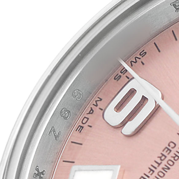 The image shows a close-up of the dial's edge and hand of a Rolex Oyster Perpetual 176200 Women's Stainless Steel Pink Dial watch, highlighting the numeral and markings.