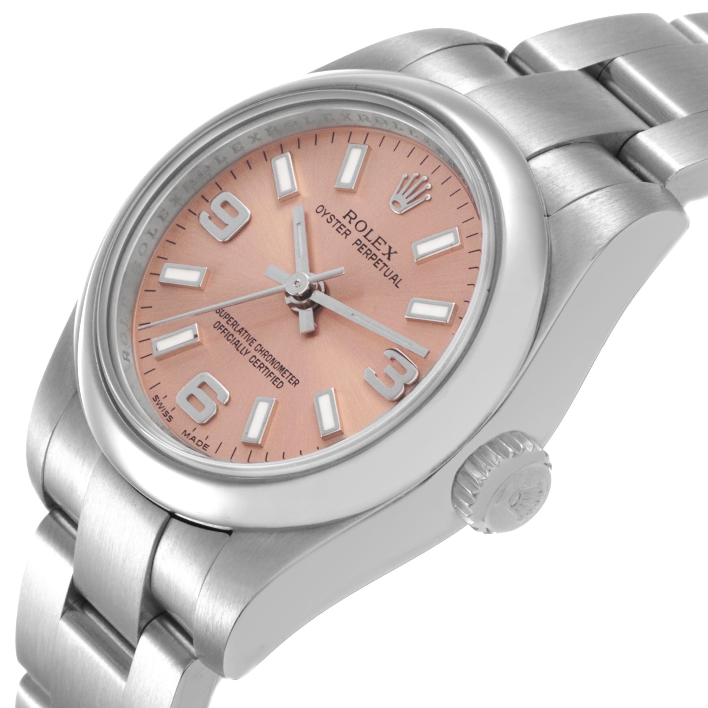 The Rolex Oyster Perpetual 176200 Women's Stainless Steel Pink Dial watch is shown at an angle highlighting its pink dial, bezel, crown, and part of its metal bracelet.