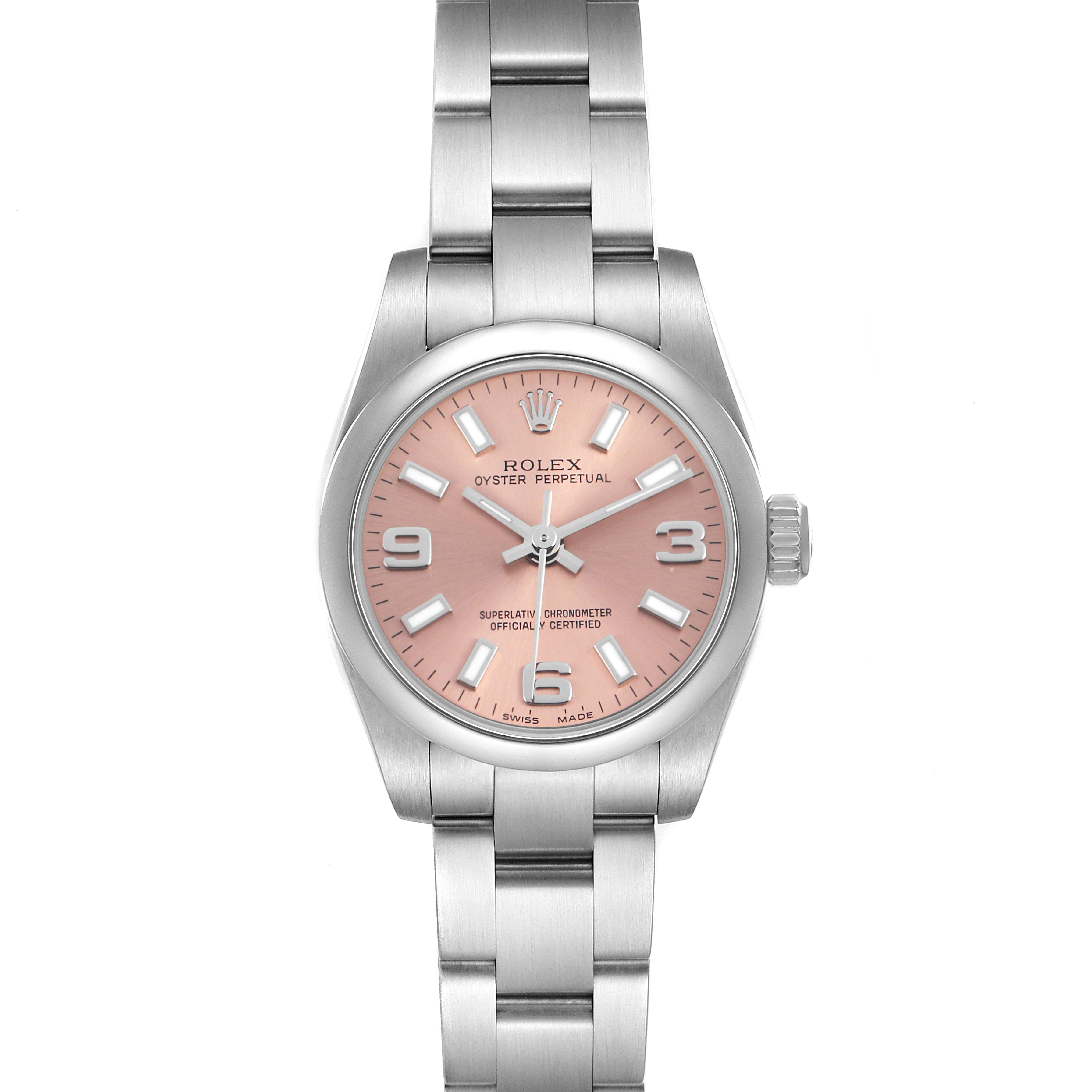 The Rolex Oyster Perpetual 176200 Women's Stainless Steel Pink Dial watch is shown front-facing, highlighting its pink dial, crown, and bracelet.
