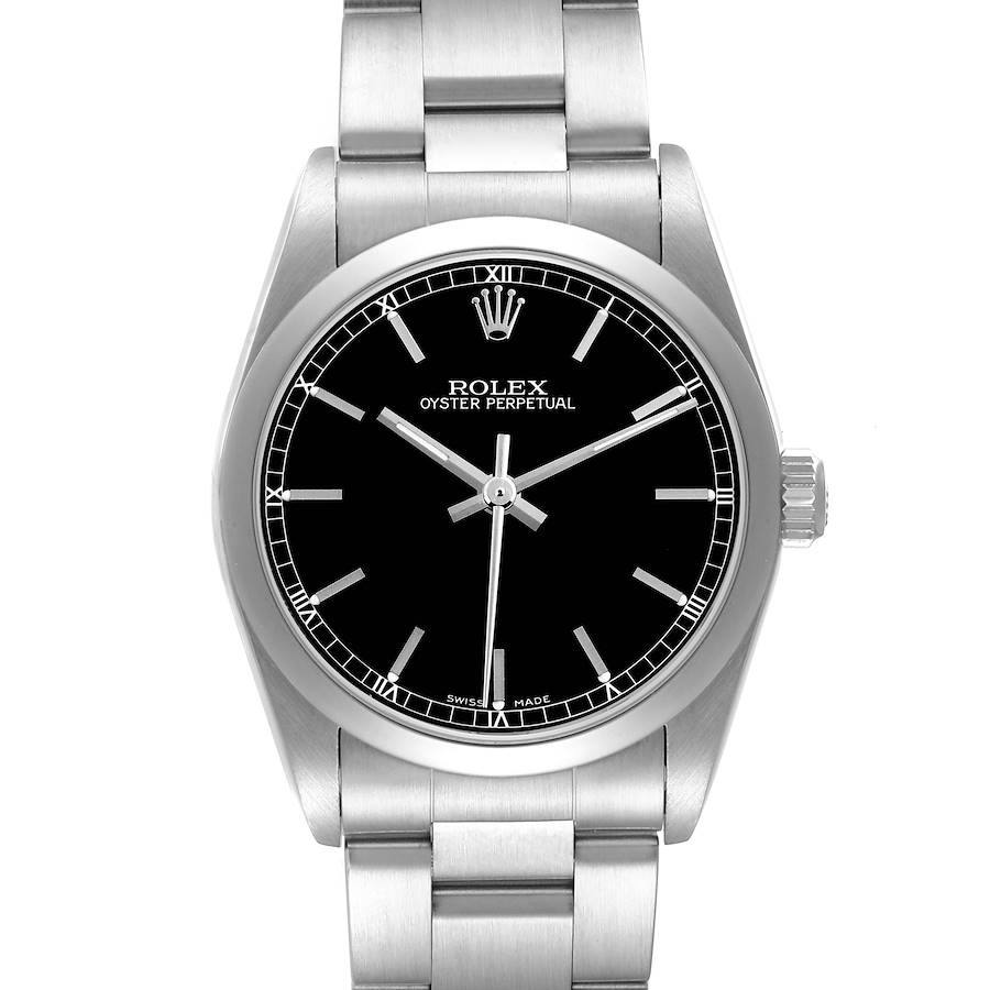 This image shows a front view of a Rolex Oyster Perpetual Mid-Size watch with a stainless steel bracelet and black dial.