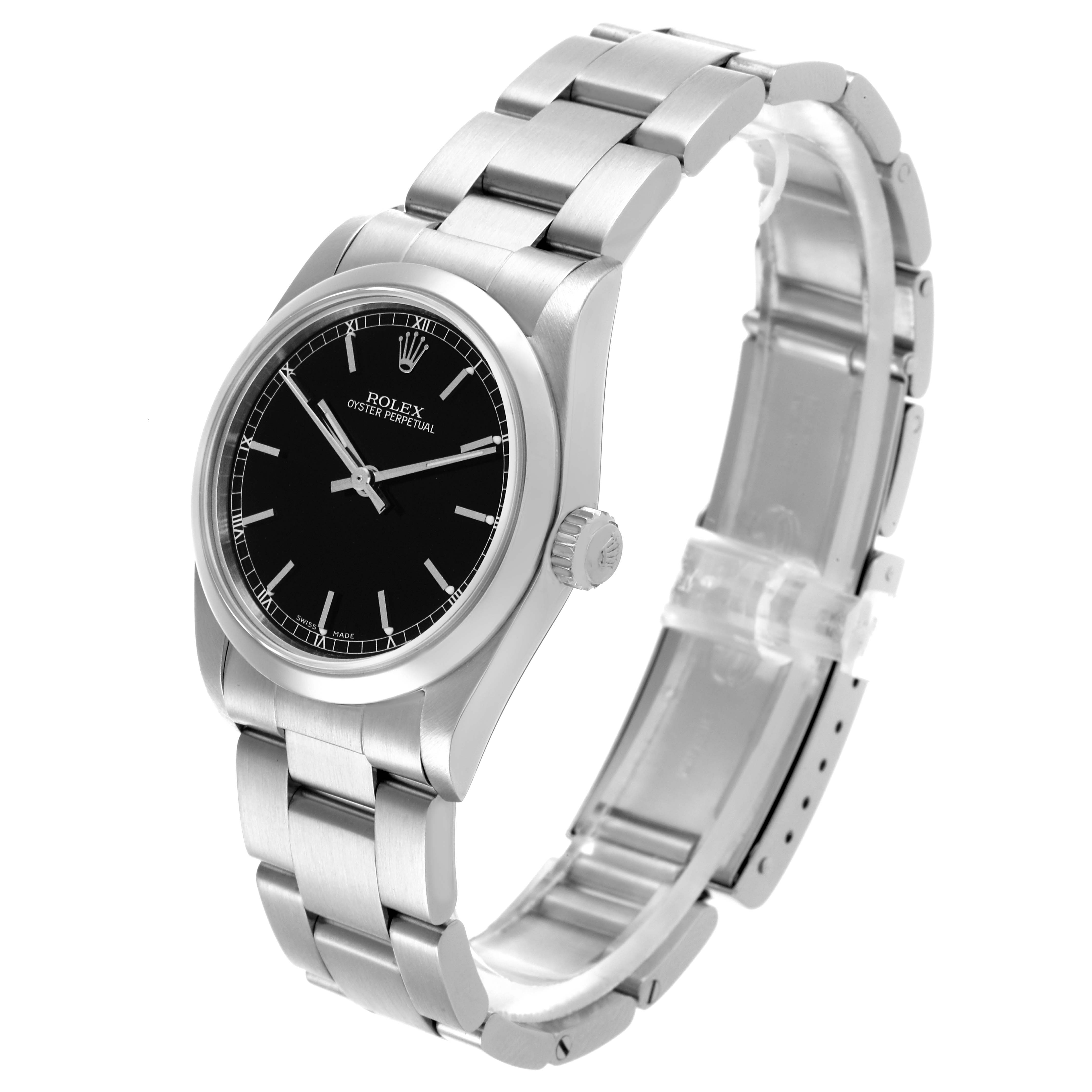 The Rolex Mid-Size 77080 Women's Stainless Steel Black Dial 77080 Women's Stainless Steel Black Dial watch is shown at a three-quarter angle, displaying the black dial, case, bezel, and bracelet.