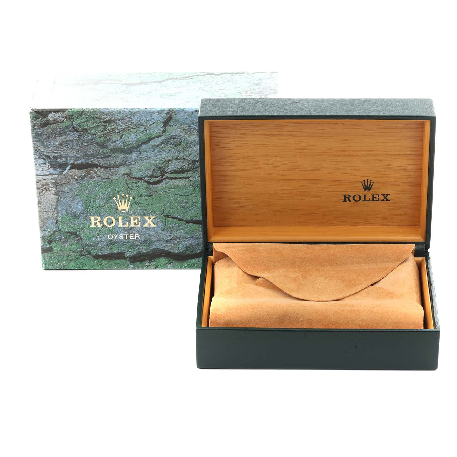 The image shows an open Rolex box with no Mid-Size model watch visible, just the packaging.