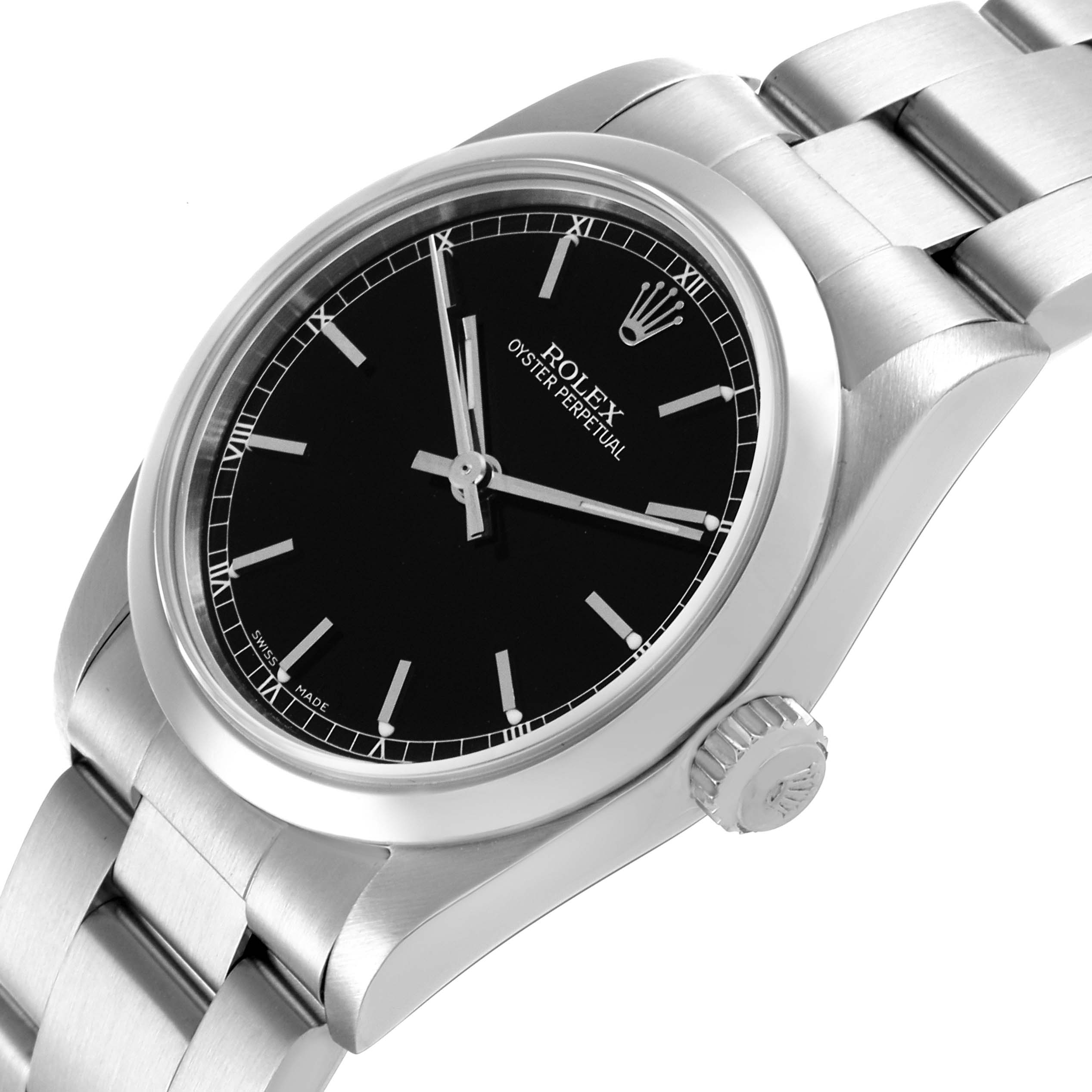 The Rolex Mid-Size 77080 Women's Stainless Steel Black Dial 77080 Women's Stainless Steel Black Dial watch is shown at an angled view highlighting the face, bezel, bracelet, and crown.