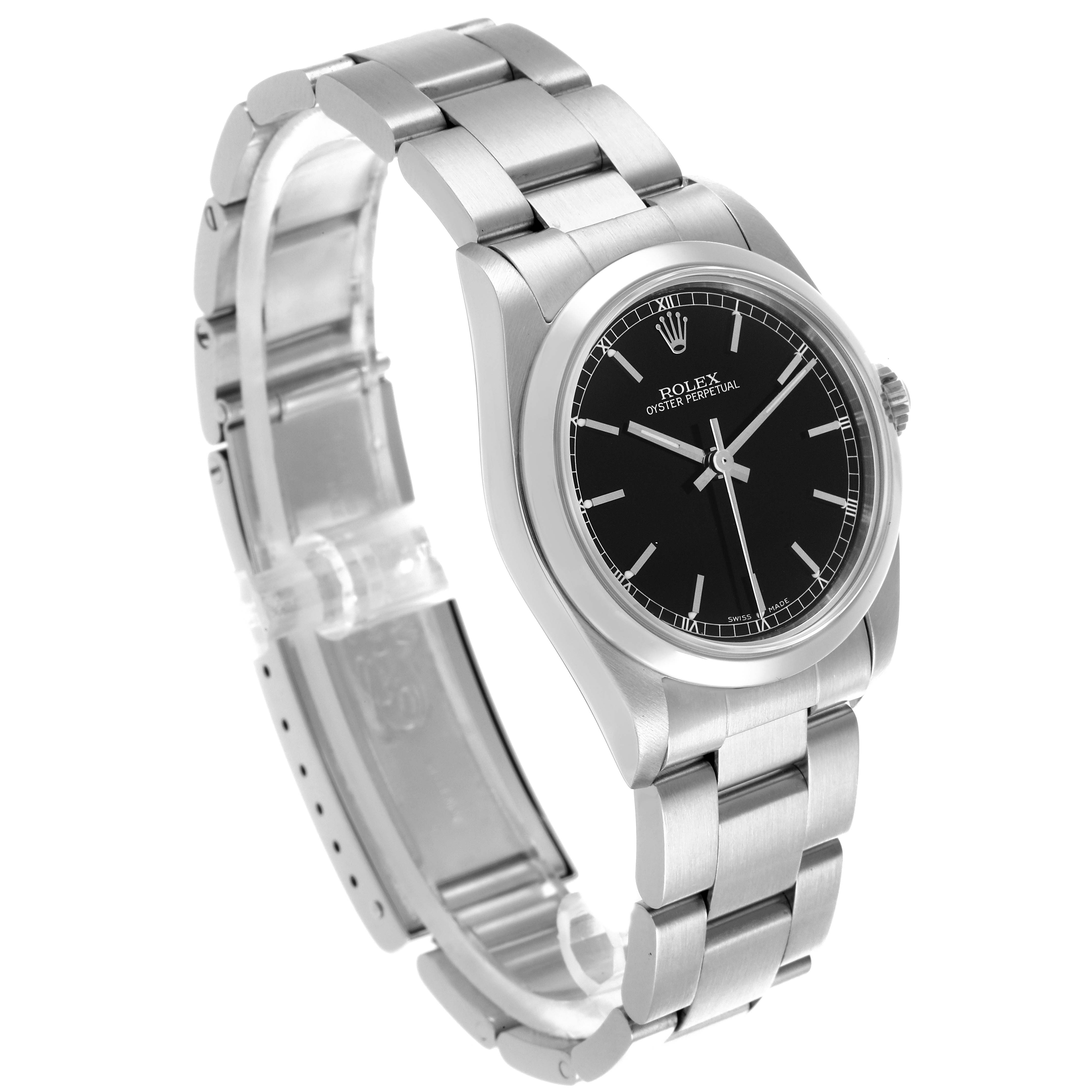 The Rolex Mid-Size 77080 Women's Stainless Steel Black Dial 77080 Women's Stainless Steel Black Dial model is shown at a three-quarter angle, displaying the face, bezel, and full bracelet.