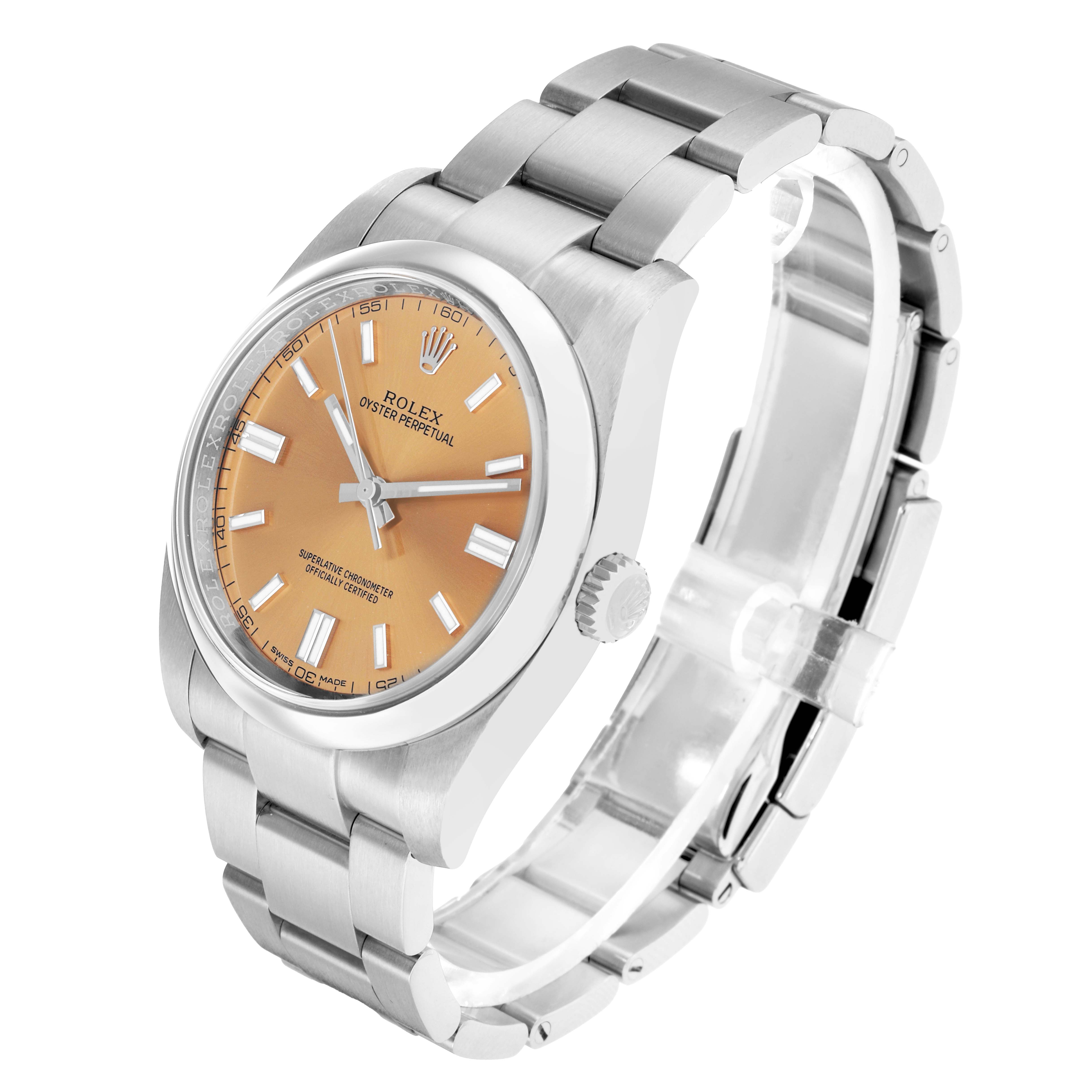 The Rolex Oyster Perpetual 116000 Men
s Stainless Steel Champagne Dial watch is shown at a three-quarter angle, highlighting the face, bezel, crown, and bracelet.