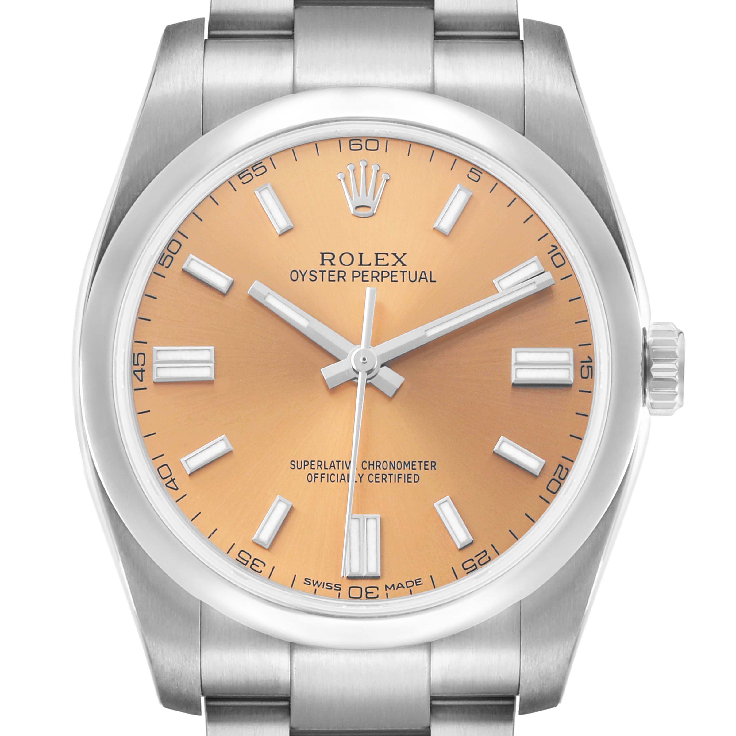 The Rolex Oyster Perpetual 116000 Men
s Stainless Steel Champagne Dial watch is shown from the front, highlighting the face, hour markers, hands, crown, and part of the bracelet.