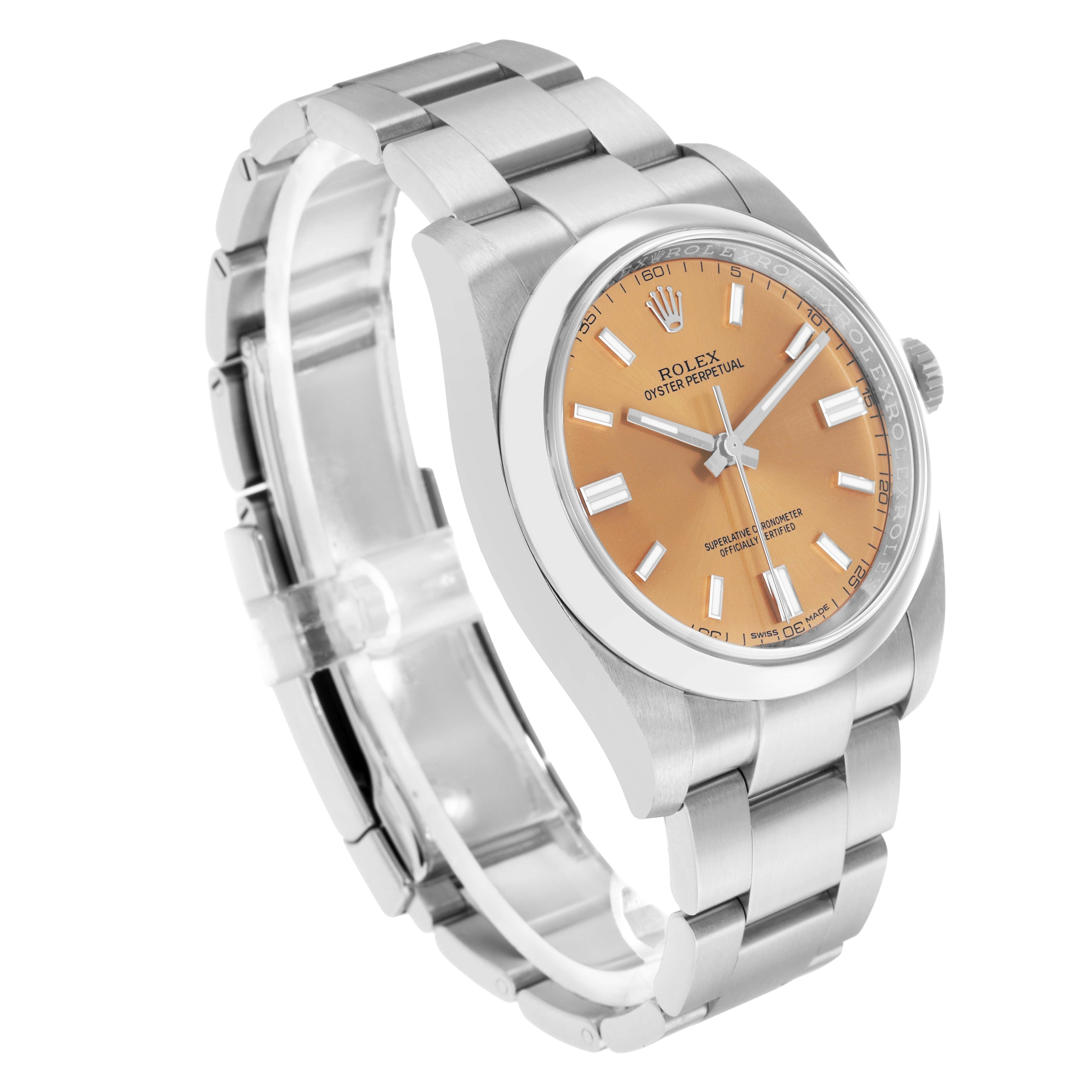 The Rolex Oyster Perpetual 116000 Men
s Stainless Steel Champagne Dial watch is shown at a three-quarter angle, highlighting the bezel, bracelet, and orange dial.