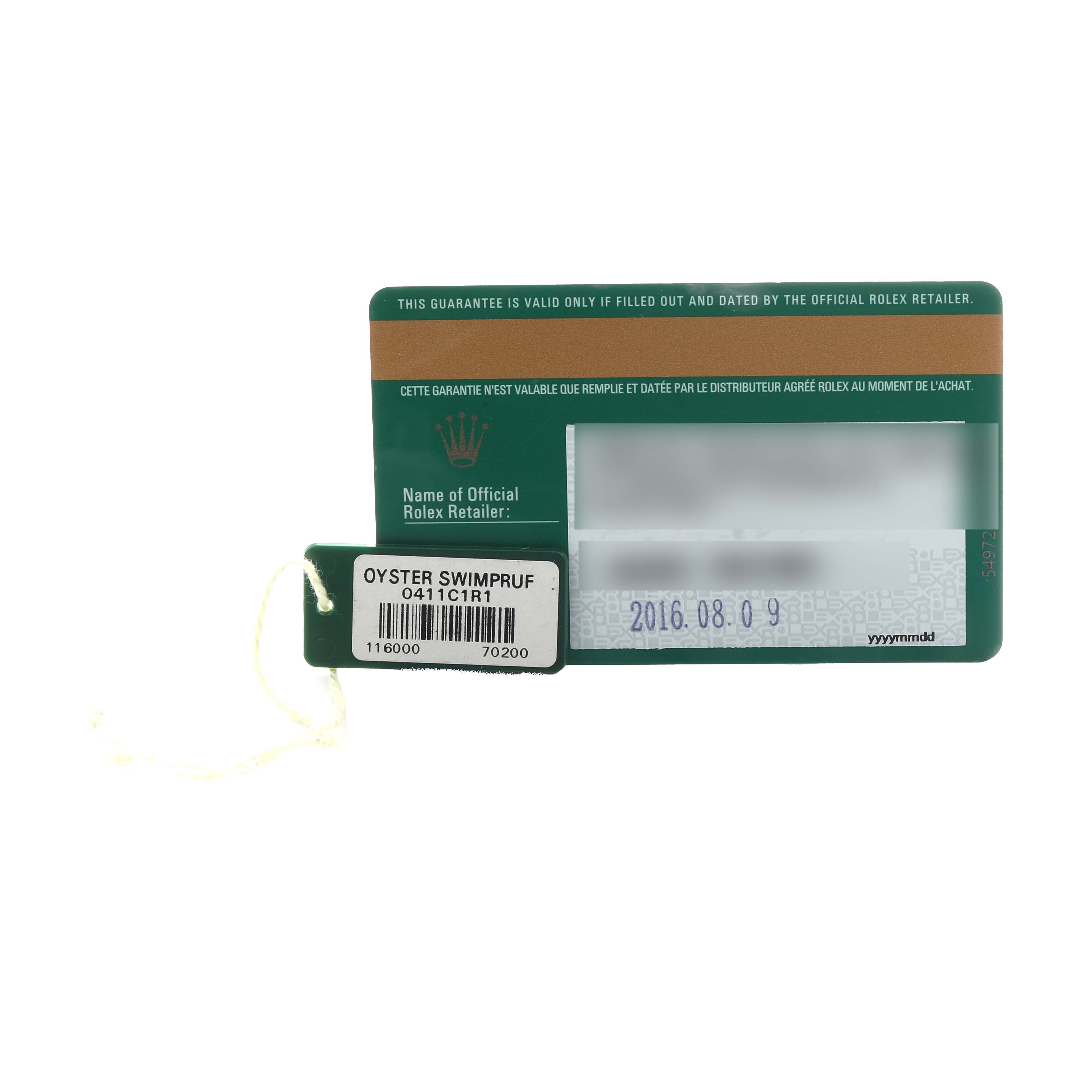 The image shows a warranty card and tag for a Rolex Oyster Perpetual 116000 Men
s Stainless Steel Champagne Dial watch, viewed from the front.