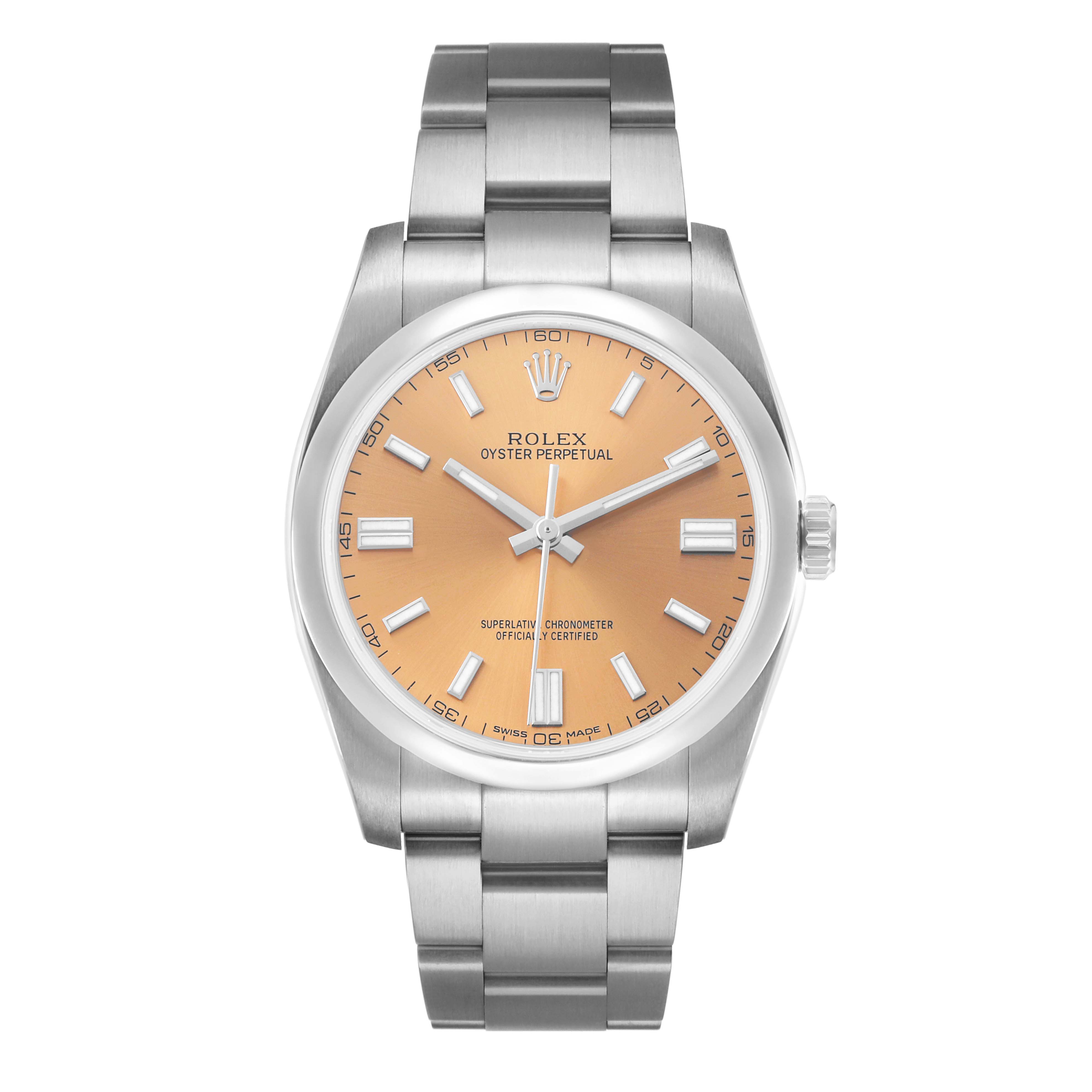 The image shows a frontal view of a Rolex Oyster Perpetual 116000 Men
s Stainless Steel Champagne Dial watch, highlighting the bracelet, case, and dial.
