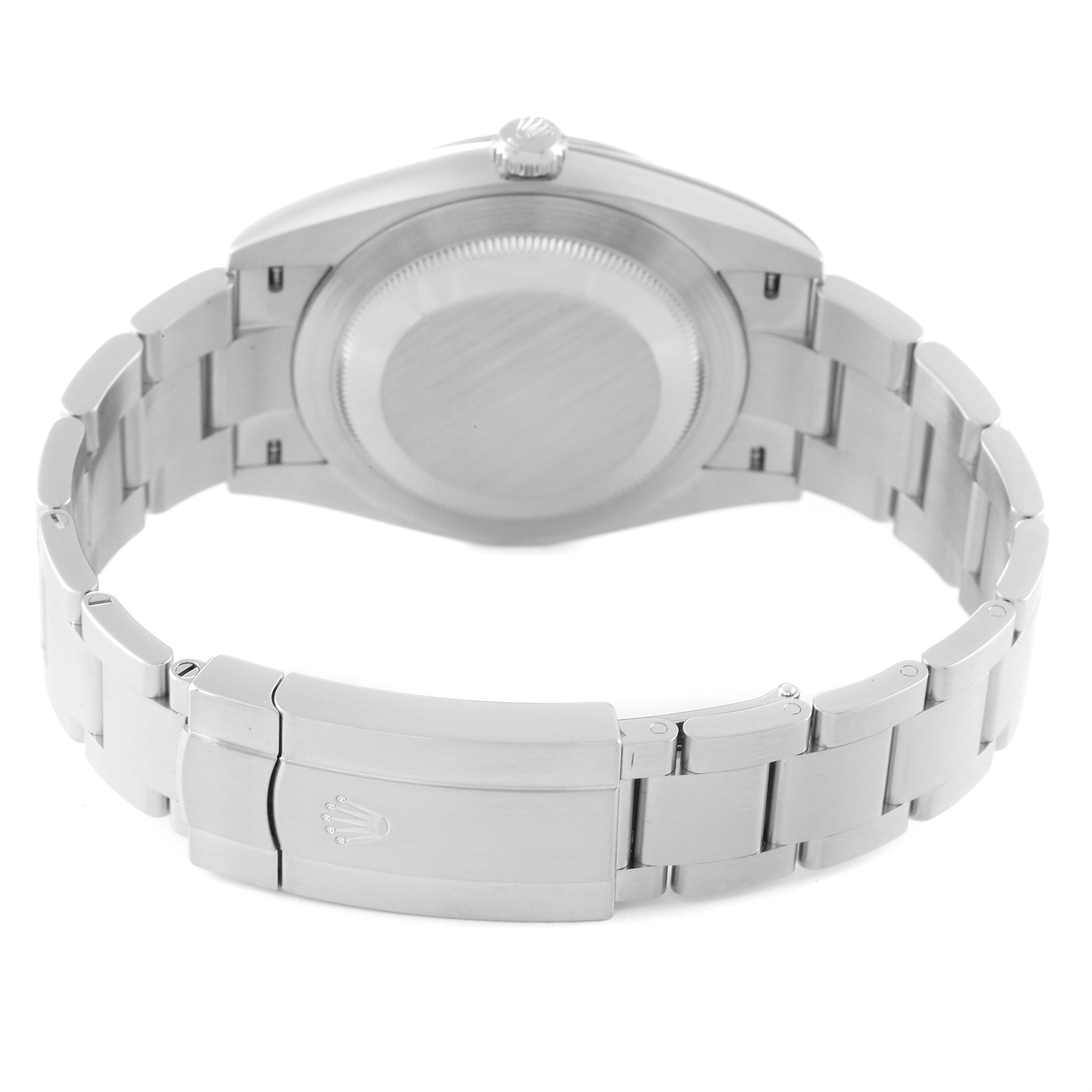 The image shows the back case and bracelet of a Rolex Oyster Perpetual 124300 Men's Stainless Steel Blue Dial 124300 Men's Stainless Steel Blue Dial watch at an angled rear view.