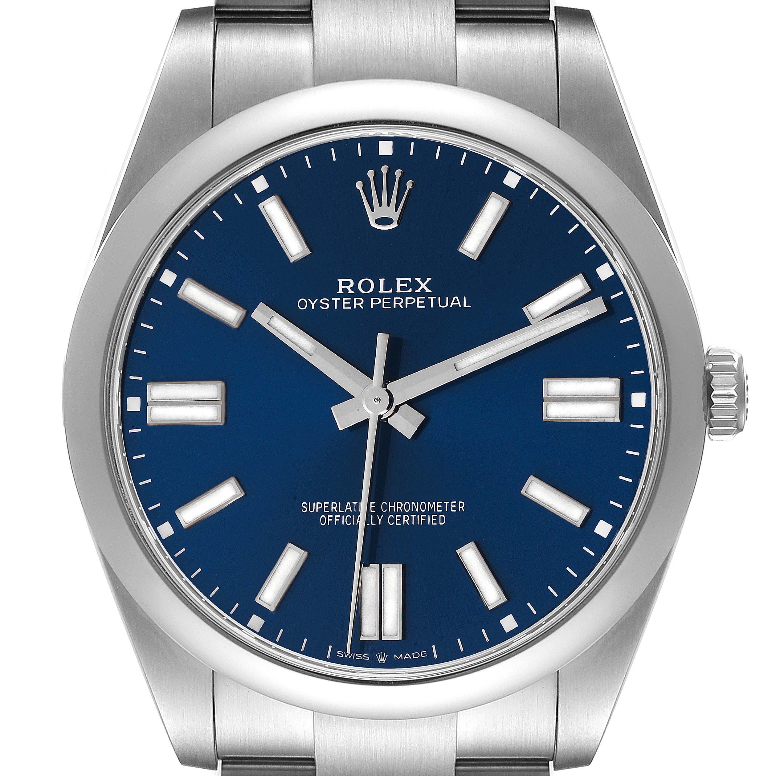 This image shows a Rolex Oyster Perpetual 124300 Men's Stainless Steel Blue Dial 124300 Men's Stainless Steel Blue Dial watch from a front angle, highlighting the blue dial and stainless steel case and bracelet.