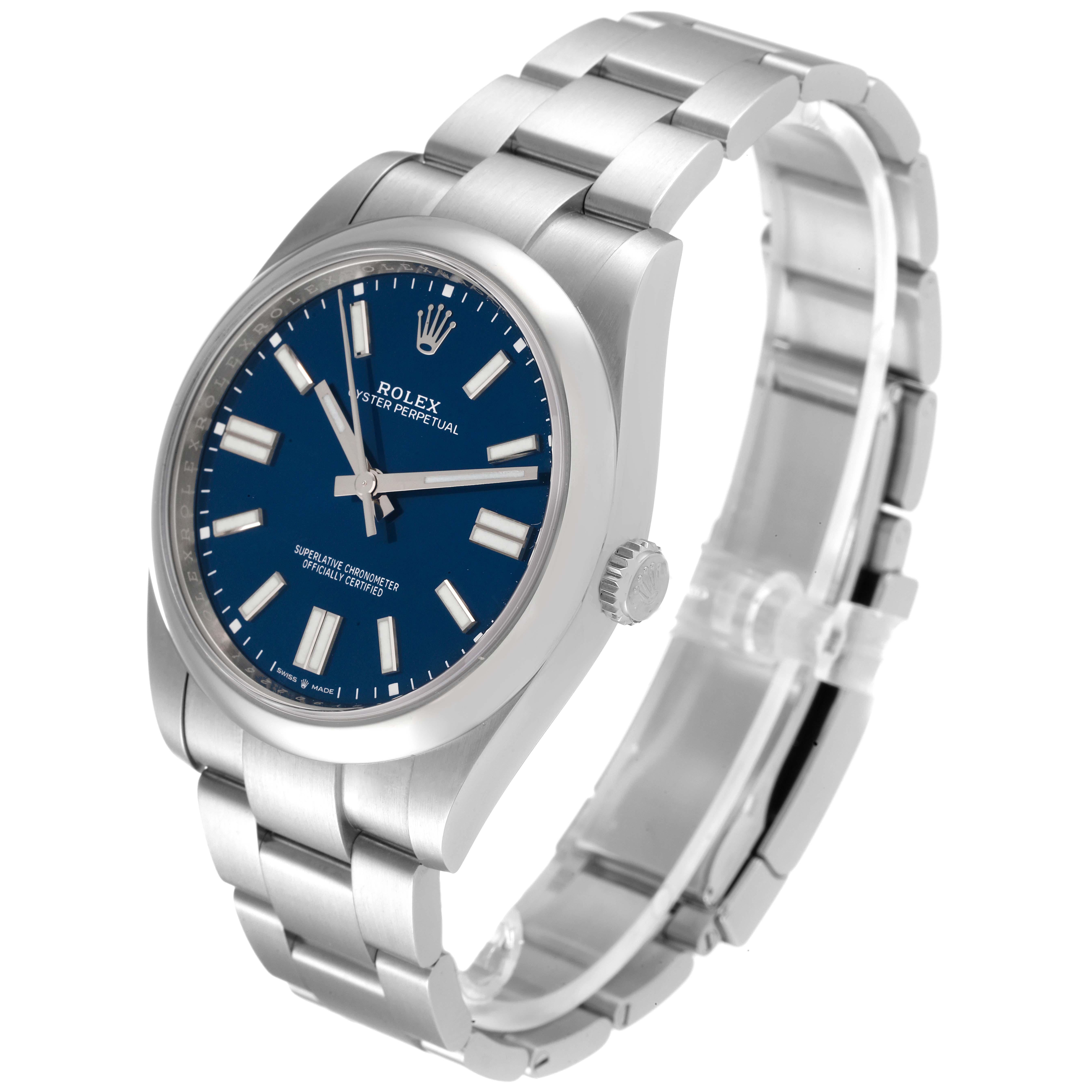 This image shows a Rolex Oyster Perpetual 124300 Men's Stainless Steel Blue Dial 124300 Men's Stainless Steel Blue Dial watch at a side angle, highlighting its blue dial, bracelet, and crown.