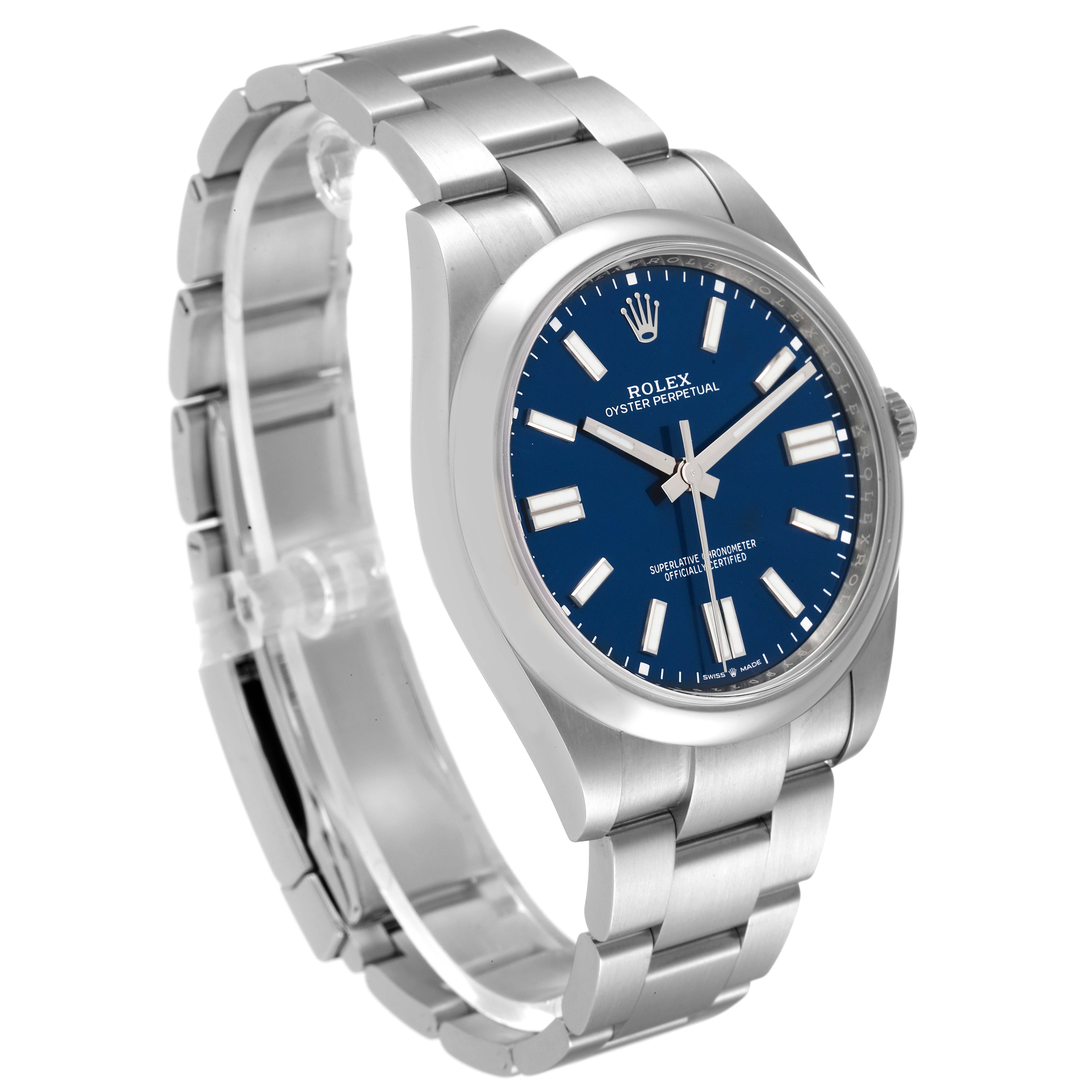 The Rolex Oyster Perpetual 124300 Men's Stainless Steel Blue Dial 124300 Men's Stainless Steel Blue Dial watch is shown at an angled side view, highlighting its stainless steel bracelet and blue dial.