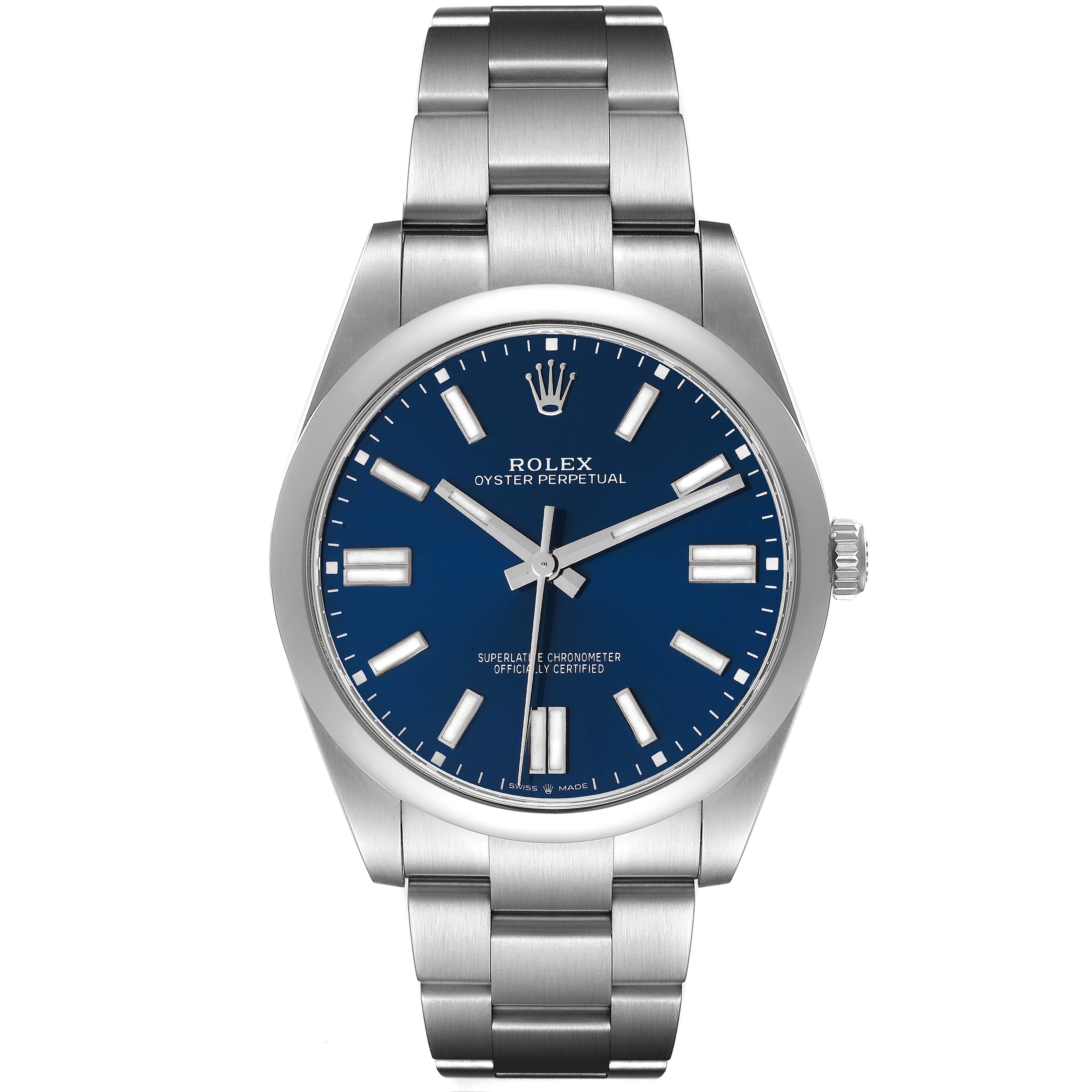 The image shows a front view of the Rolex Oyster Perpetual 124300 Men's Stainless Steel Blue Dial 124300 Men's Stainless Steel Blue Dial watch, displaying its blue dial and stainless steel bracelet.