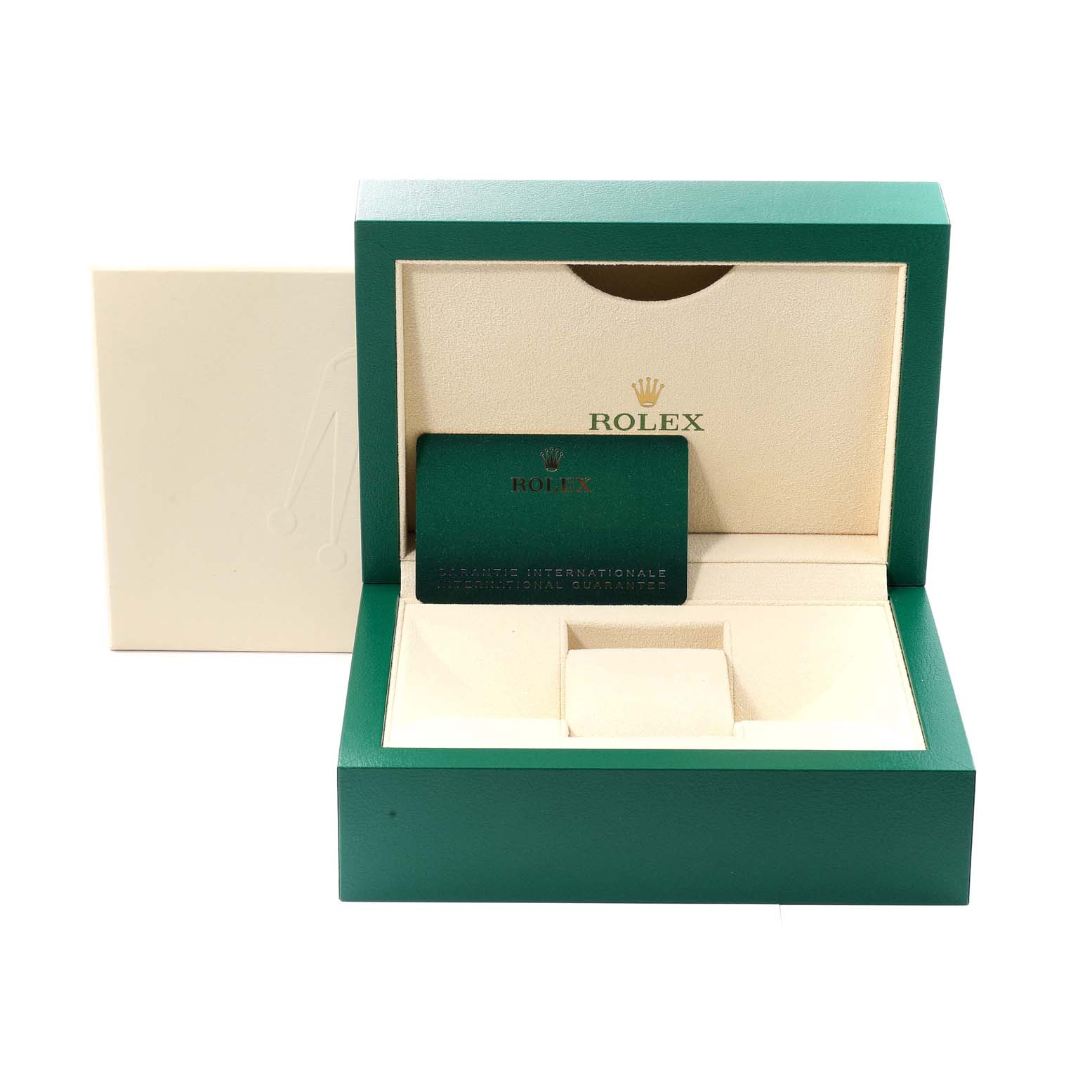 The image shows an open Rolex Oyster Perpetual 124300 Men's Stainless Steel Blue Dial 124300 Men's Stainless Steel Blue Dial watch box with the guarantee card placed inside.