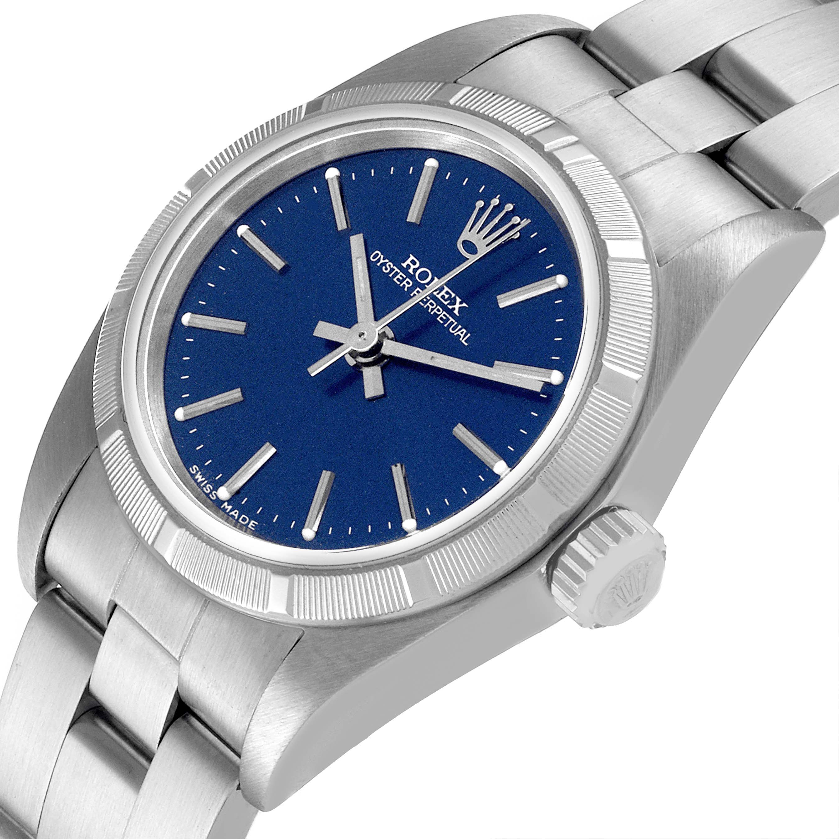 The image shows a Rolex Oyster Perpetual 76030 Women's Stainless Steel Blue Dial 76030 Women's Stainless Steel Blue Dial watch angled slightly from the front, highlighting the face, bezel, and part of the bracelet.
