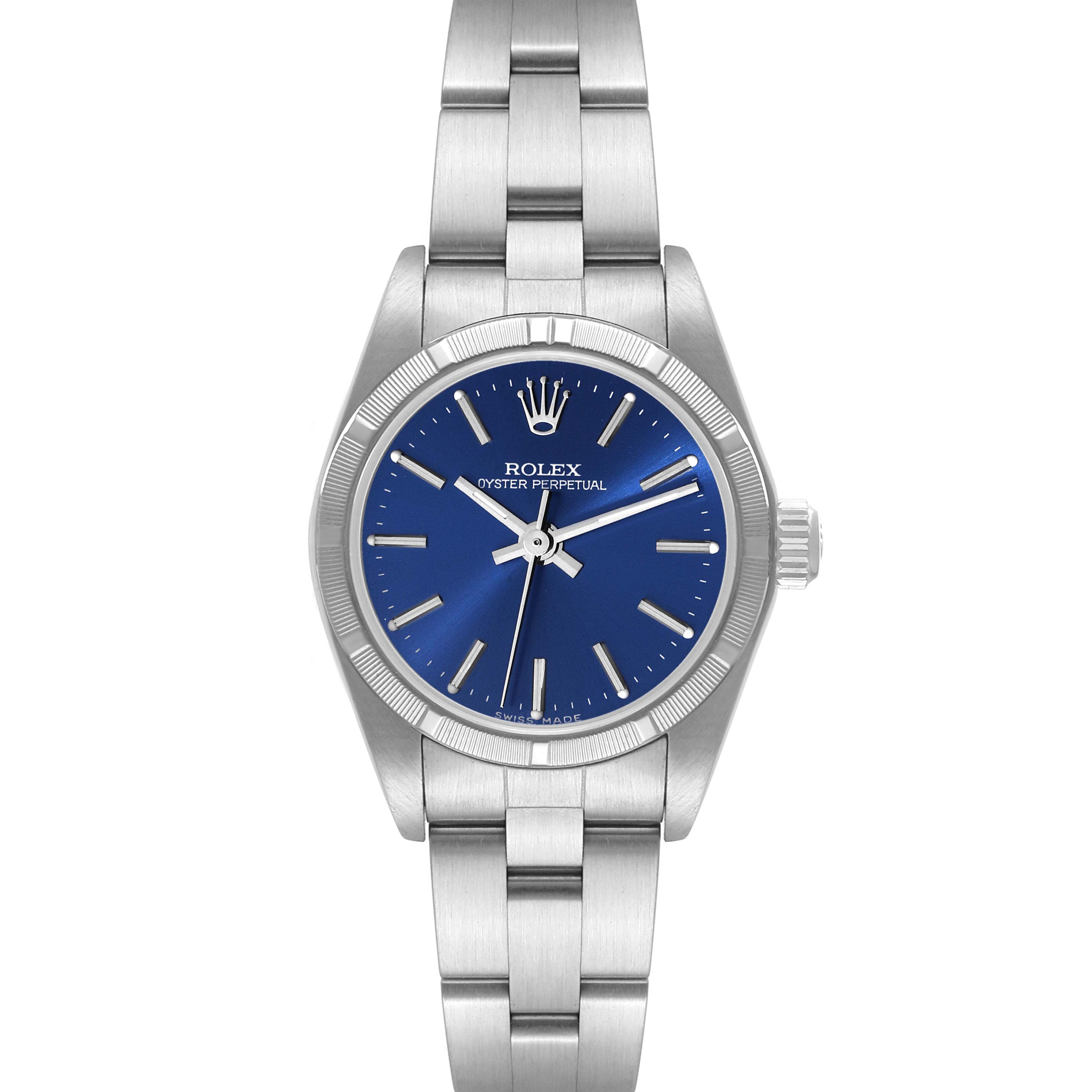 The image shows a front view of the Rolex Oyster Perpetual 76030 Women's Stainless Steel Blue Dial 76030 Women's Stainless Steel Blue Dial watch featuring a blue dial and stainless steel bracelet.