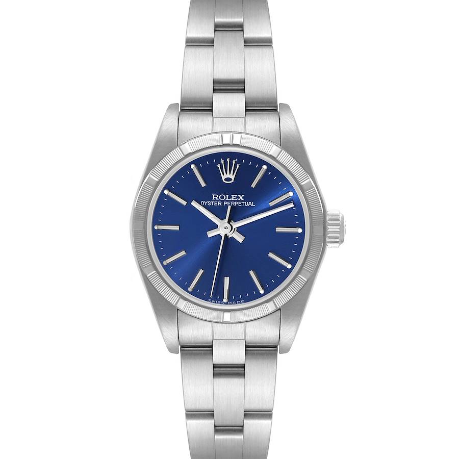 The image shows a front view of the Rolex Oyster Perpetual watch featuring a blue dial and stainless steel bracelet.