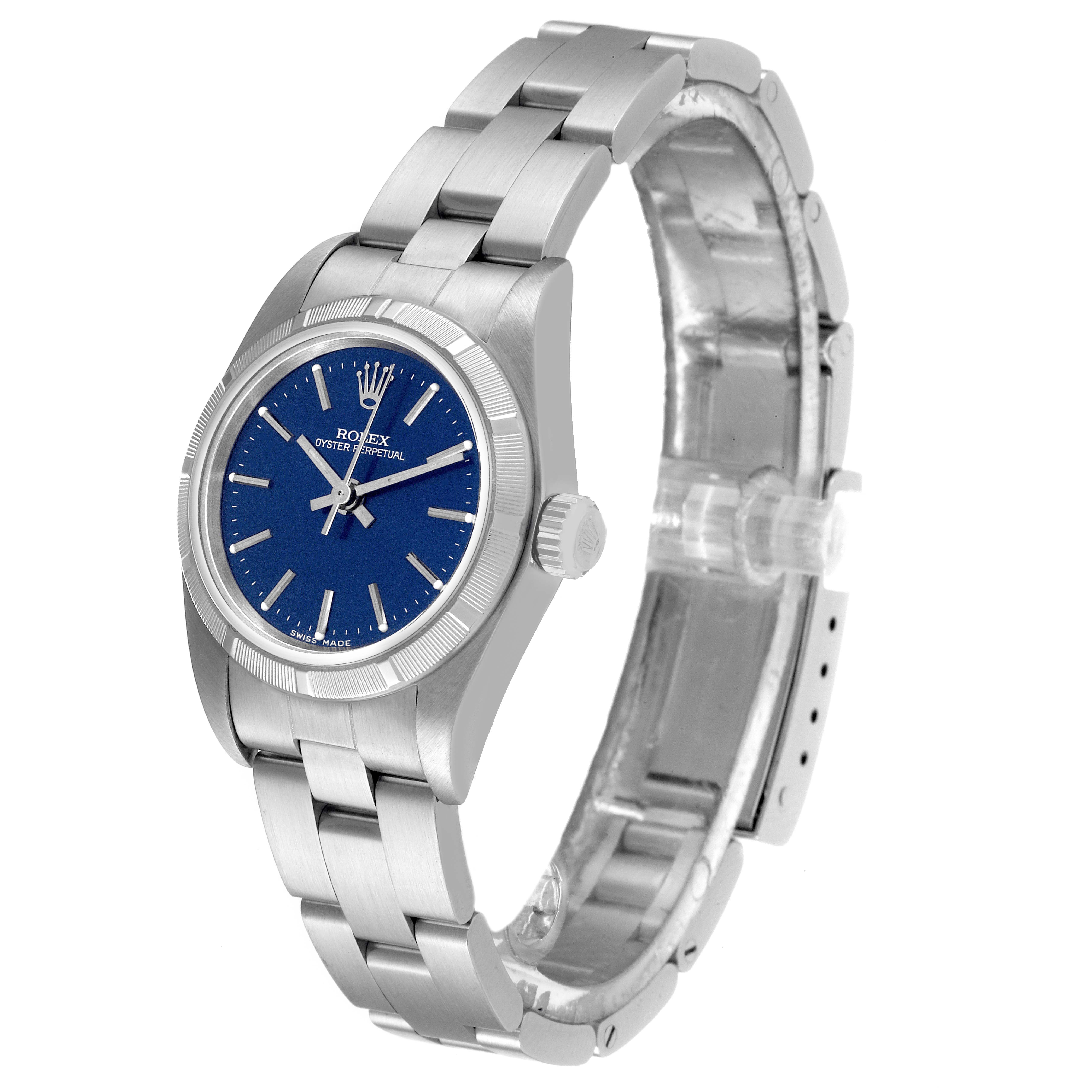 The image shows the Rolex Oyster Perpetual 76030 Women's Stainless Steel Blue Dial 76030 Women's Stainless Steel Blue Dial watch at a slight angle, highlighting its blue dial, crown, case, and bracelet.