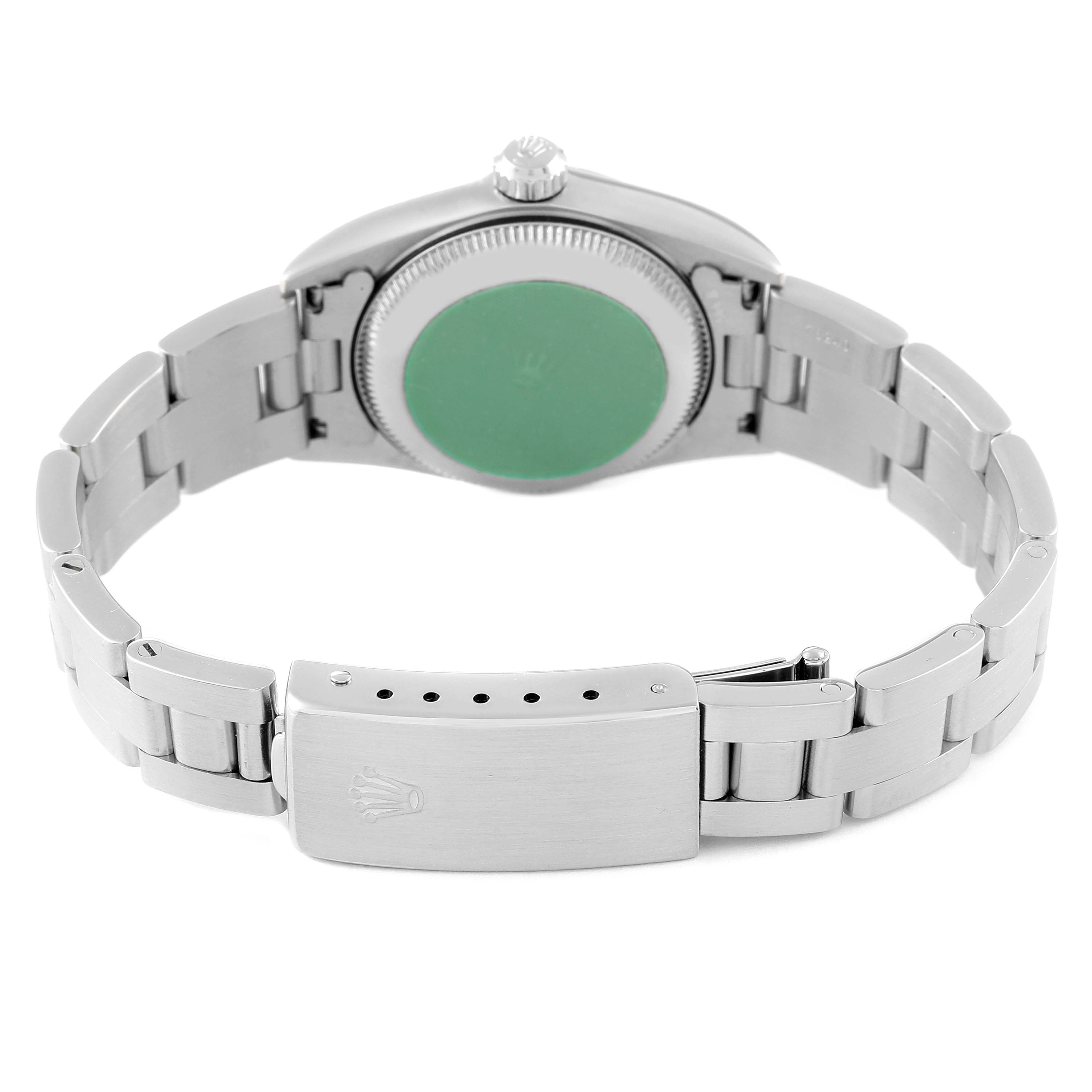 The image shows the backside and bracelet of a Rolex Oyster Perpetual 76030 Women's Stainless Steel Blue Dial 76030 Women's Stainless Steel Blue Dial watch, focusing on the clasp and case back.