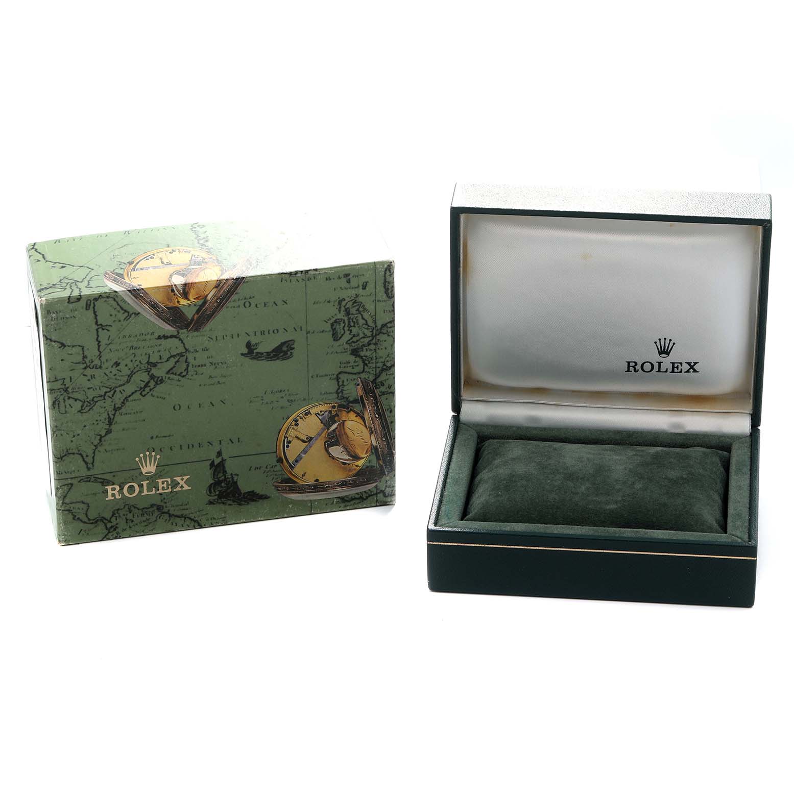 The image shows a Rolex Mid-Size 77080 Women's Stainless Steel Blue Dial model's open green velvet-lined watch box and decorative box with a vintage map theme.