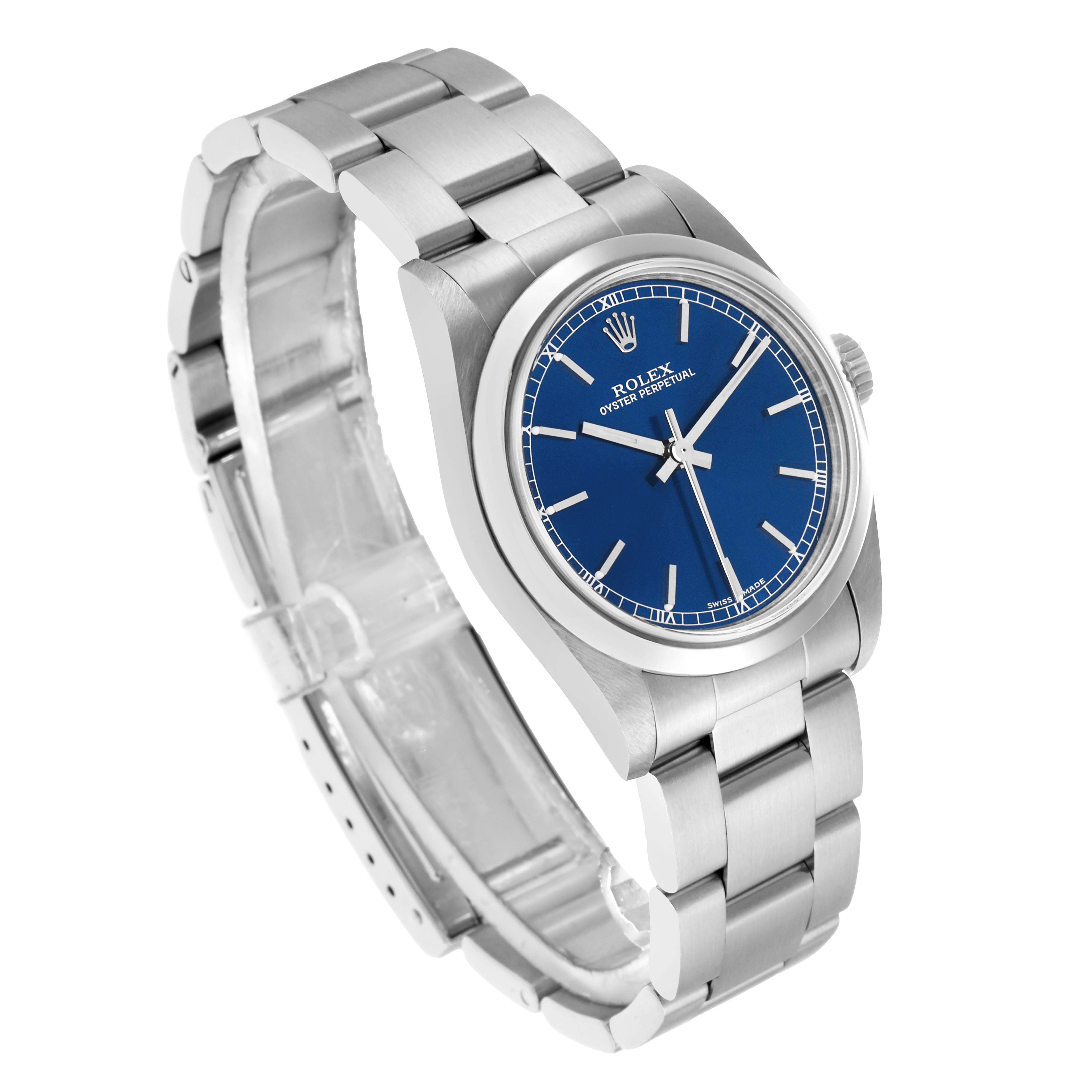 The Rolex Mid-Size 77080 Women
s Stainless Steel Blue Dial watch is shown at a three-quarter angle, displaying the blue dial, bezel, crown, and stainless steel bracelet.