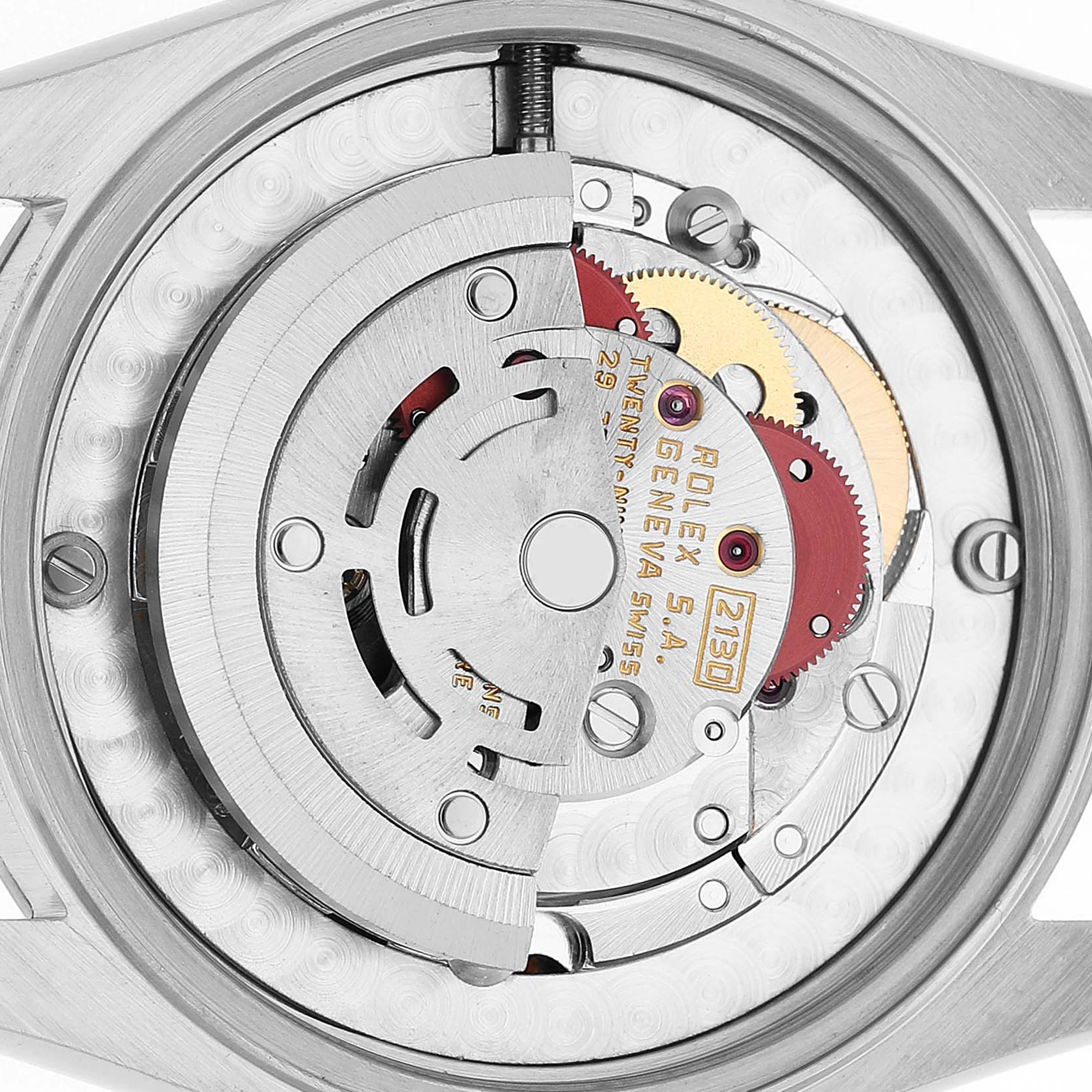 The image shows the movement and mechanism of a Rolex Oyster Perpetual 67480 Women's Stainless Steel Pink Dial watch from a top-down angle.