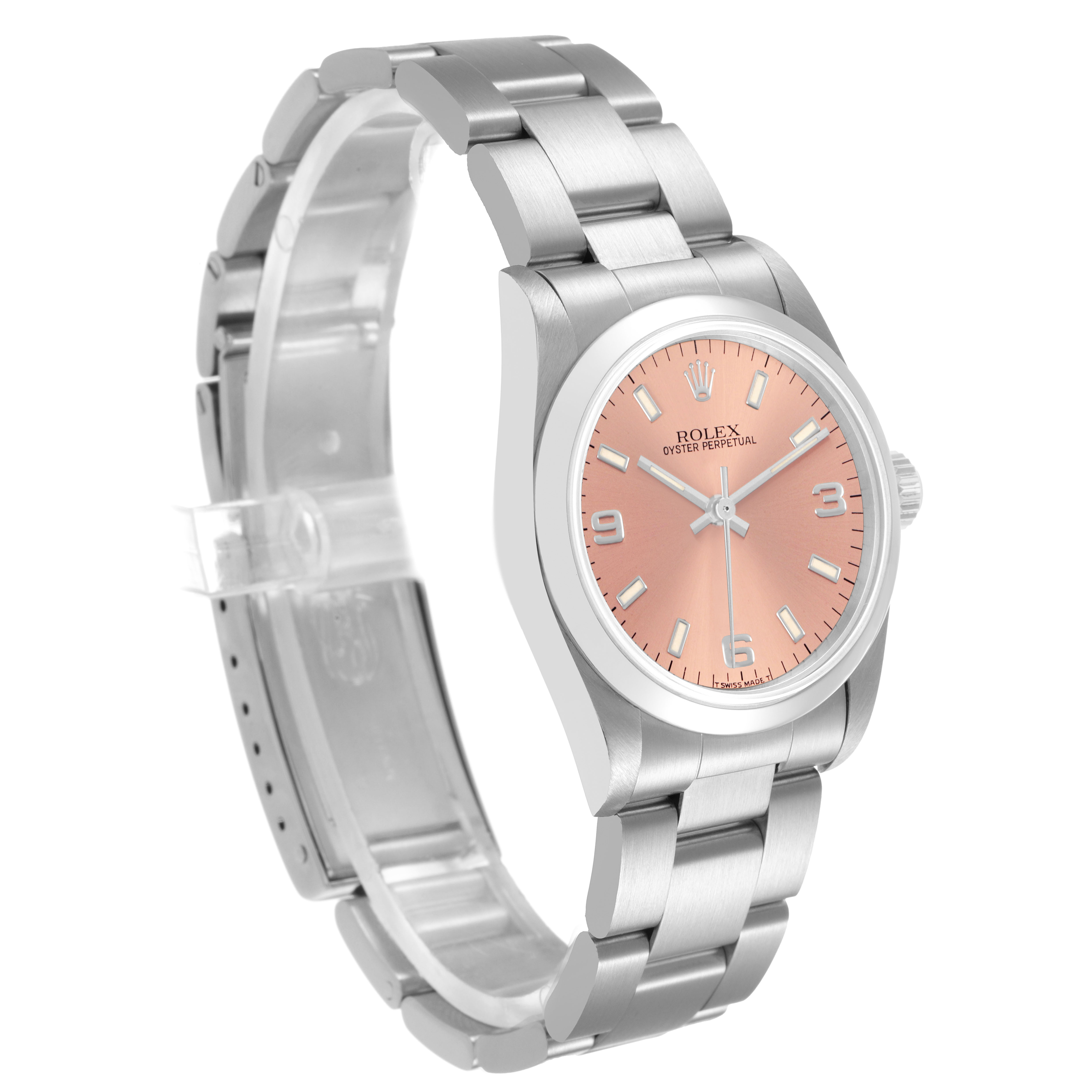 The Rolex Oyster Perpetual 67480 Women's Stainless Steel Pink Dial watch is shown at a three-quarter angle, highlighting the face, case, crown, and bracelet.