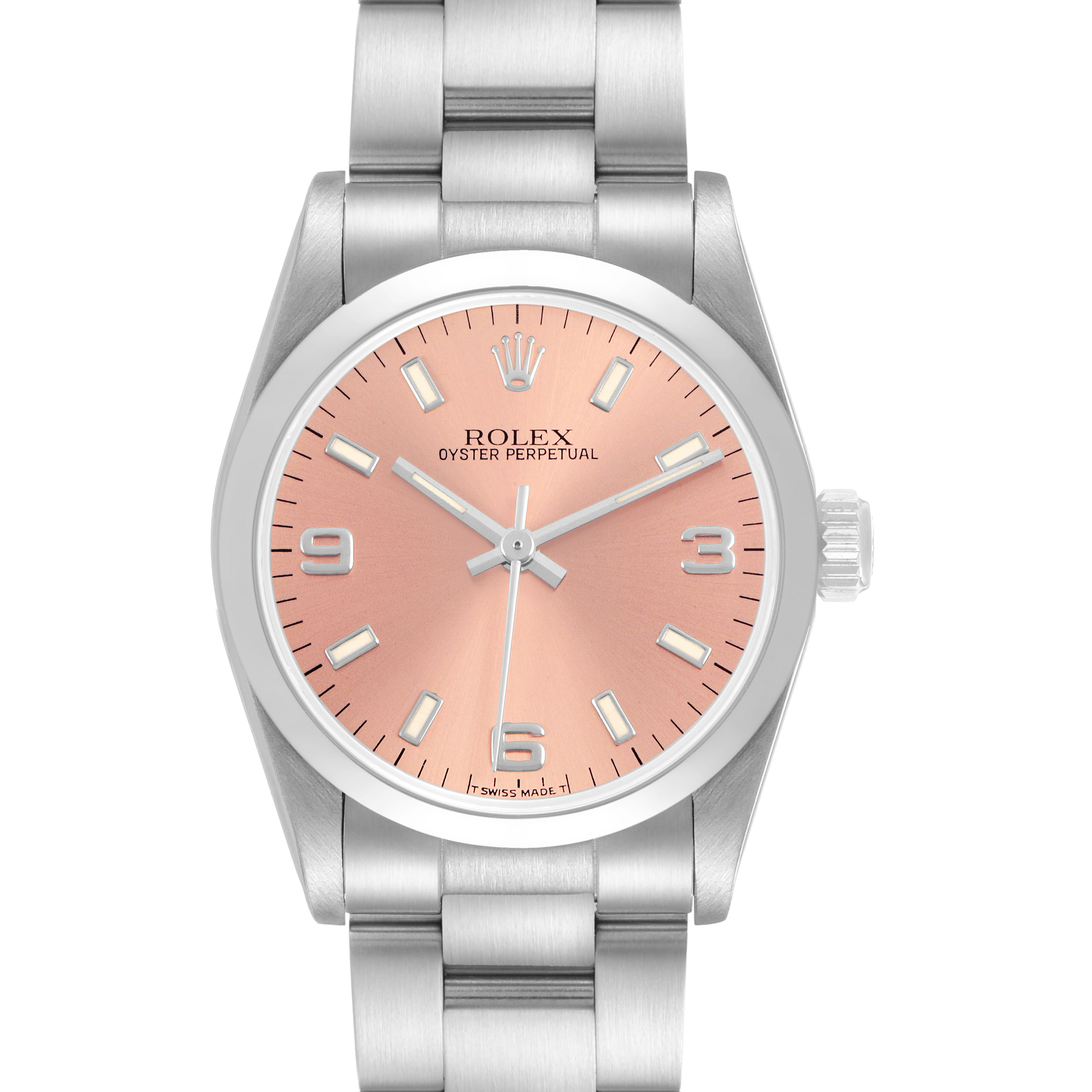 The Rolex Oyster Perpetual 67480 Women's Stainless Steel Pink Dial watch is shown from a front angle, displaying the dial, crown, and partial bracelet.