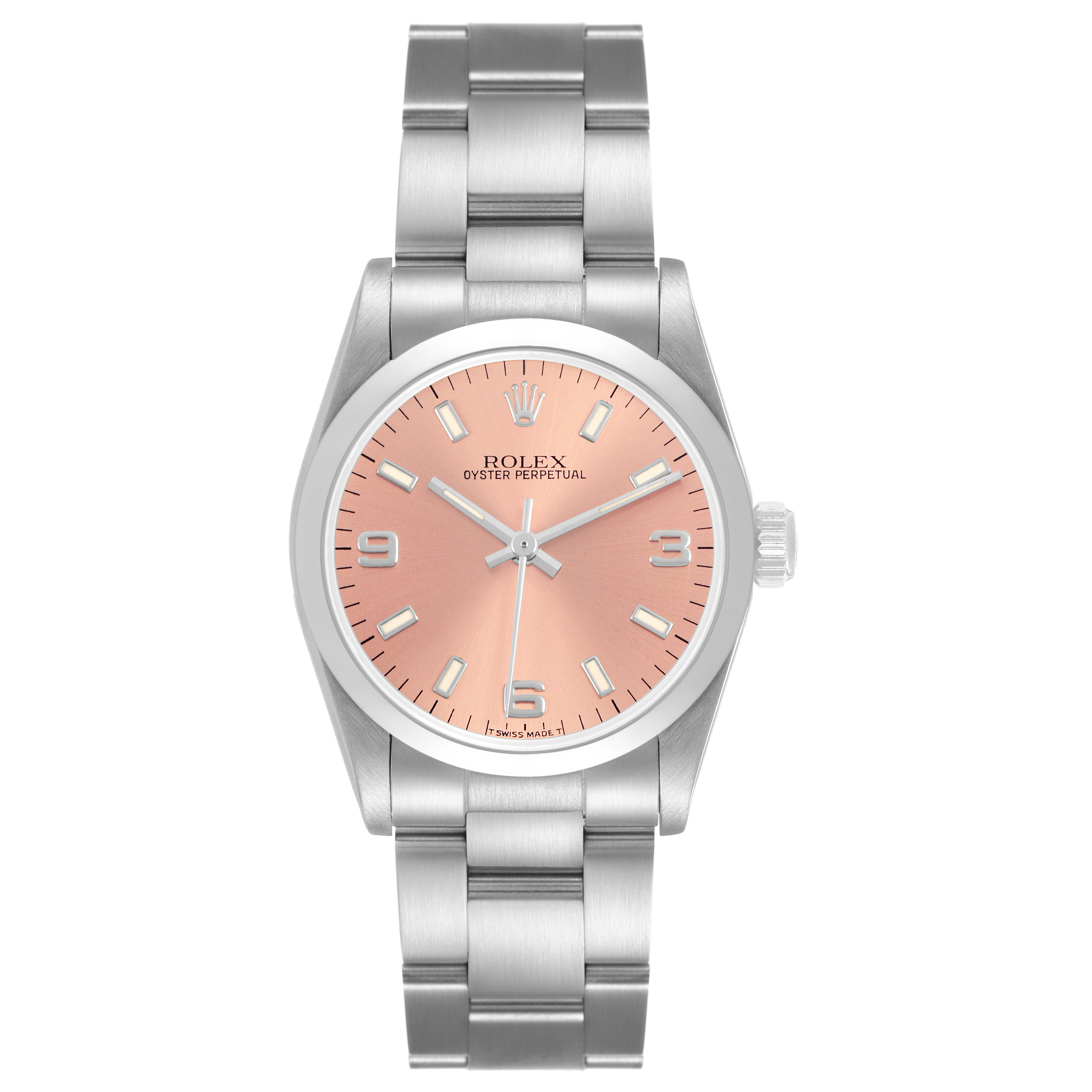 The Rolex Oyster Perpetual 67480 Women's Stainless Steel Pink Dial watch is shown from a straight-on angle, highlighting the face, bezel, and bracelet.