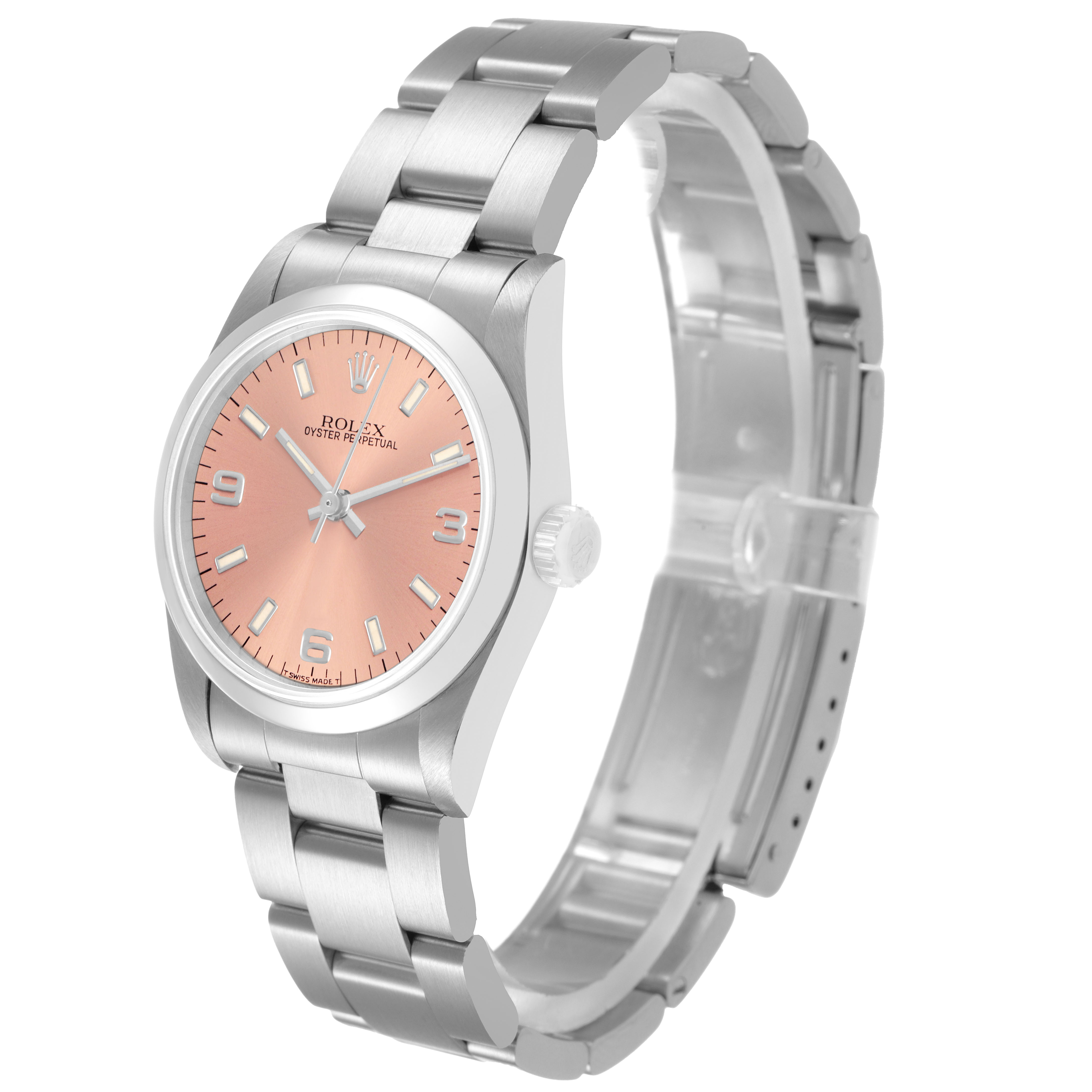 The Rolex Oyster Perpetual 67480 Women's Stainless Steel Pink Dial watch is shown at a slight angle, displaying the face, crown, and bracelet.