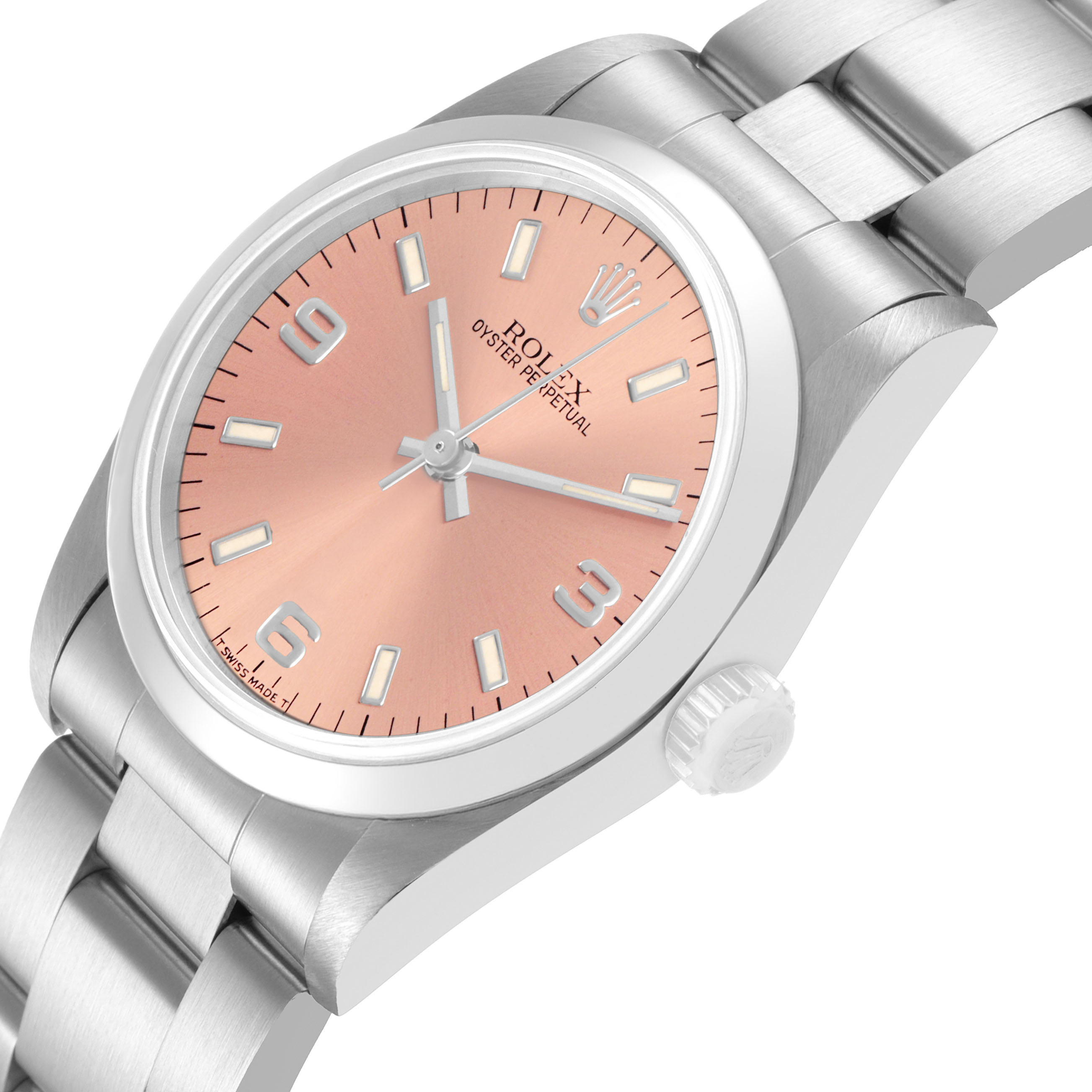 The Rolex Oyster Perpetual 67480 Women's Stainless Steel Pink Dial watch is shown at a three-quarter angle, displaying the dial, crown, and part of the bracelet.