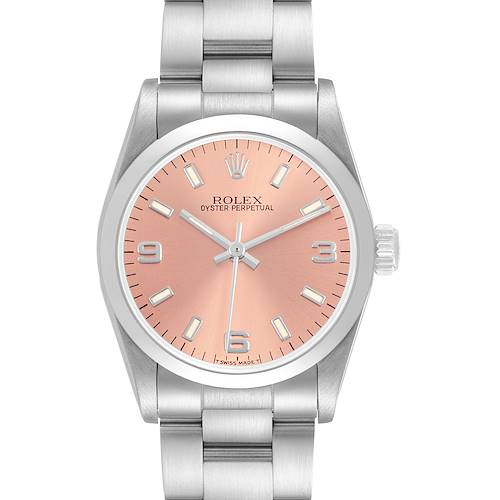 The Rolex Oyster Perpetual 67480 Women's Stainless Steel Pink Dial watch is shown from a straight-on angle, displaying the dial, bezel, and bracelet.