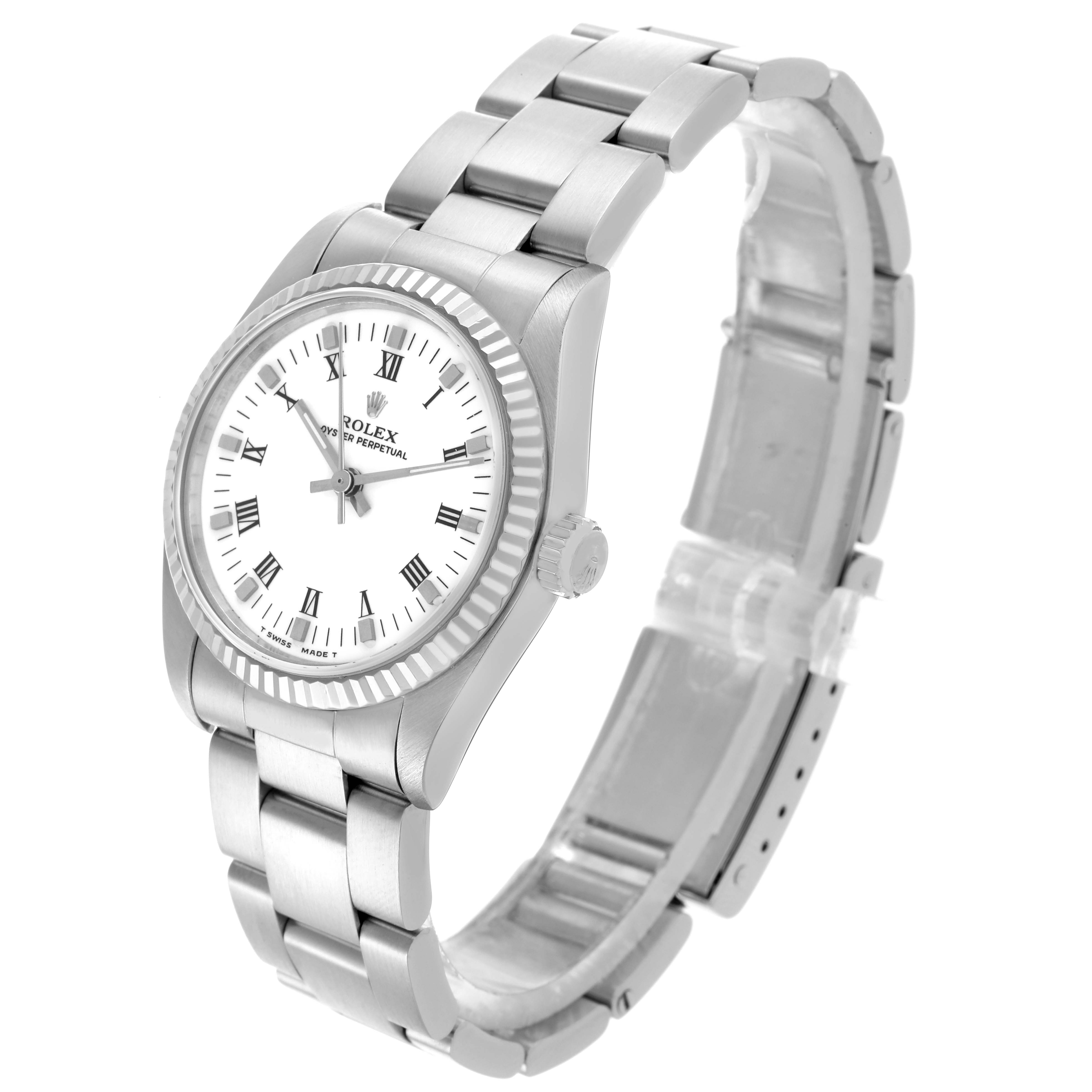 The Rolex Mid-Size 67514 Women's Stainless Steel White Dial 67514 Women's Stainless Steel White Dial watch is shown at a three-quarter angle, displaying the face, bezel, case, bracelet, and crown.