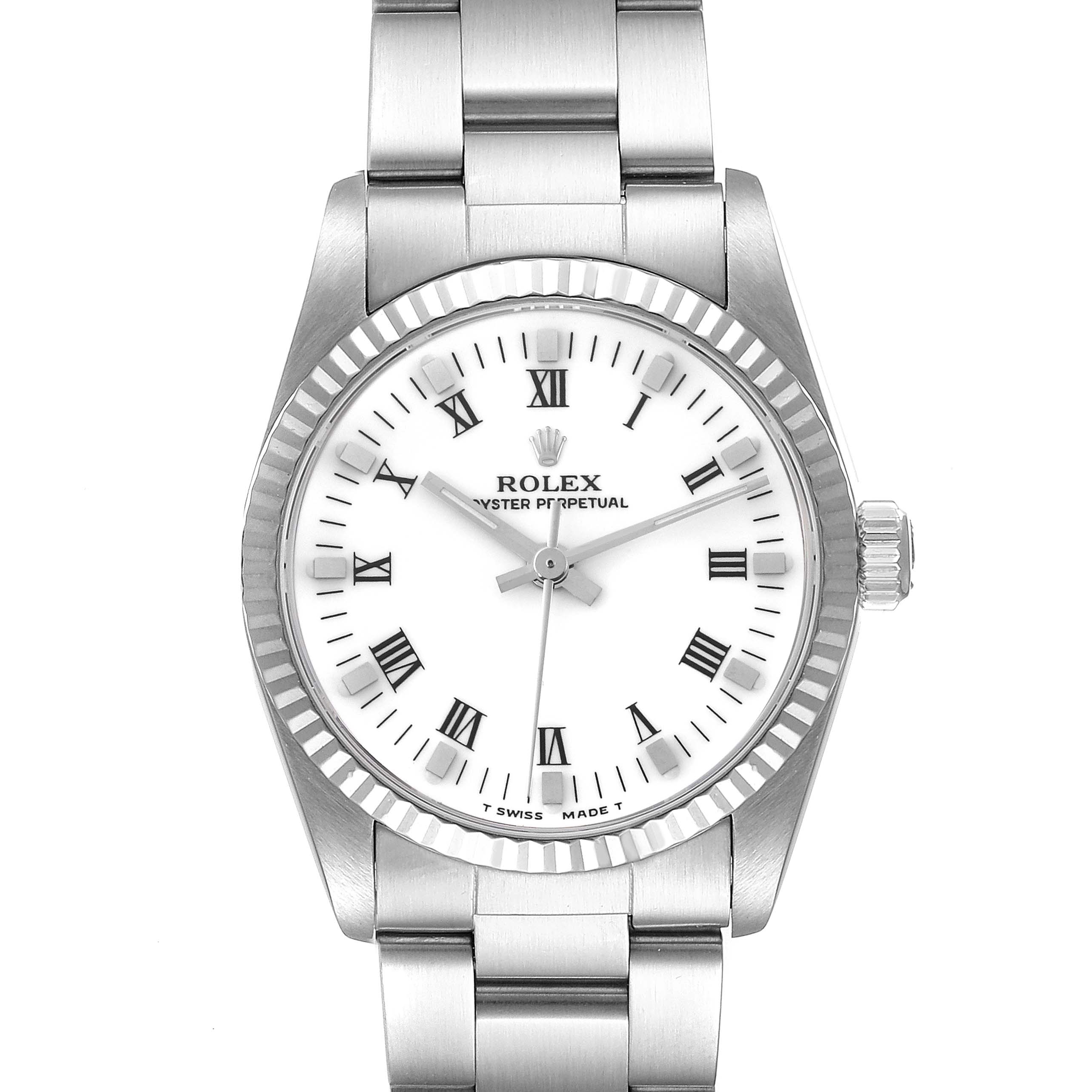 The Rolex Oyster Perpetual Mid-Size watch is shown from a front angle, displaying the face, bezel, crown, and part of the bracelet.