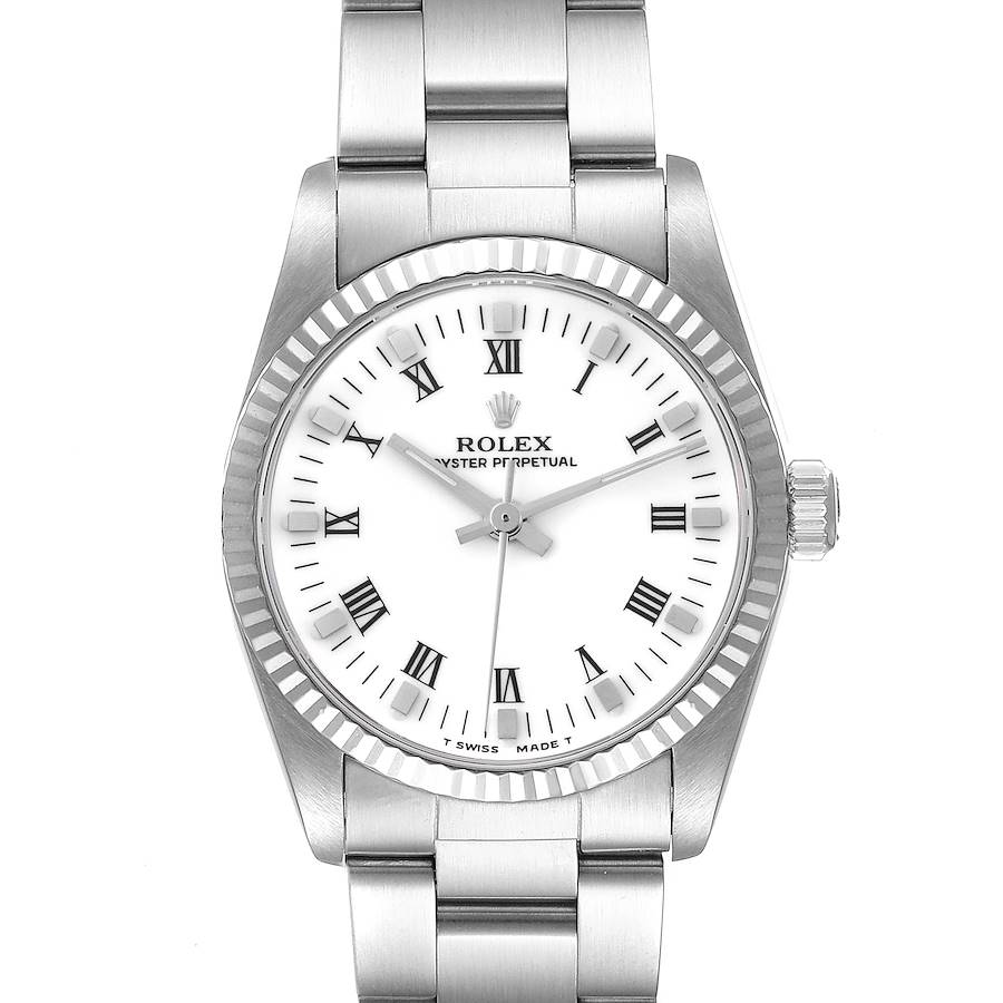 The Rolex Oyster Perpetual Mid-Size watch is shown from a front angle, displaying the face, bezel, crown, and part of the bracelet.