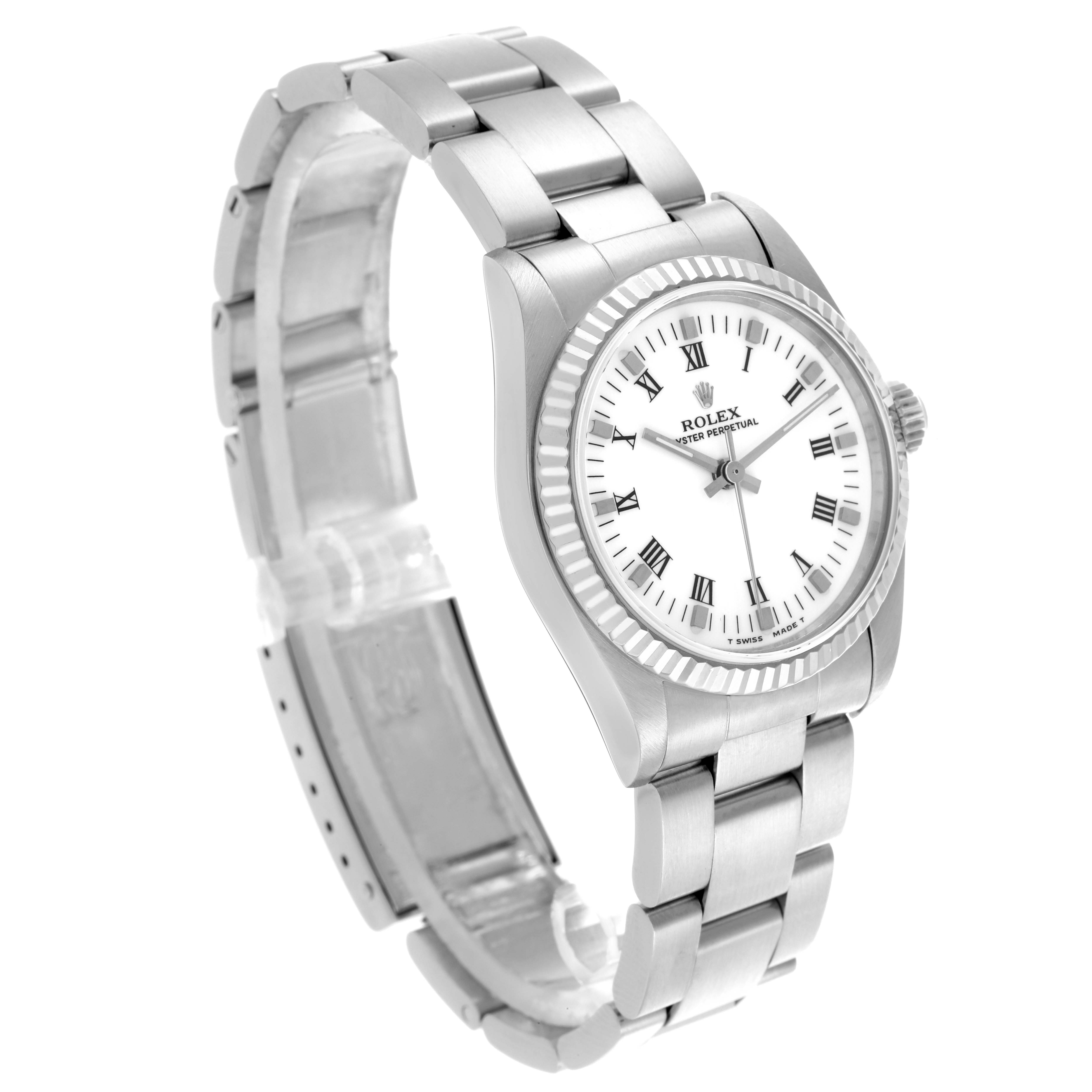 The Rolex Mid-Size 67514 Women's Stainless Steel White Dial 67514 Women's Stainless Steel White Dial watch is shown at a 3/4 angle, displaying the bracelet, bezel, face, and crown.